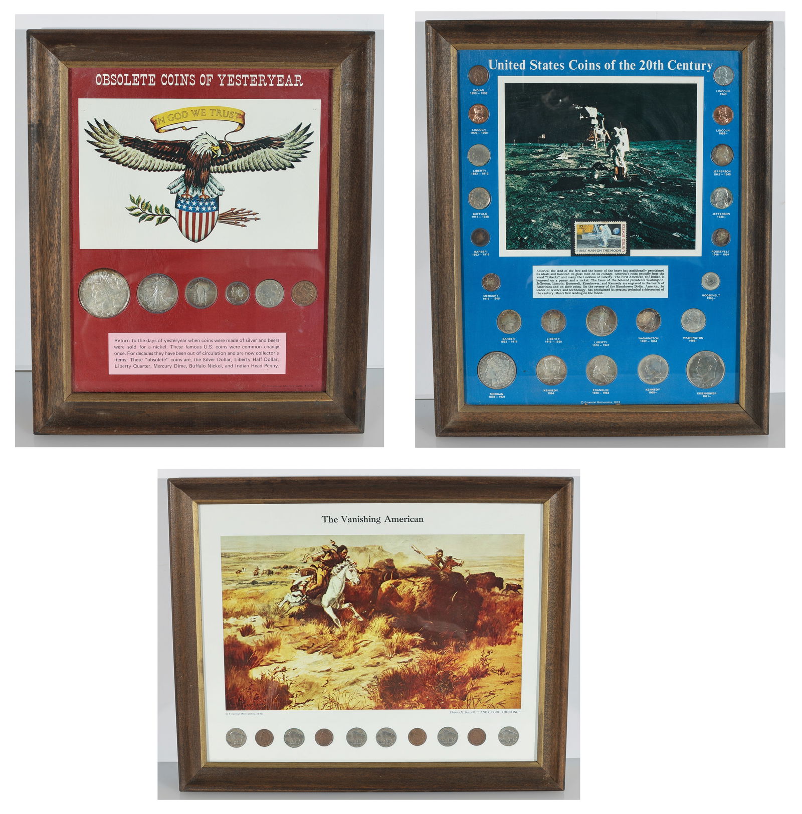Three Framed U.S. Coin Display Sets: Three Framed U.S. Coin Display Sets, 20th Century. Decorative and nostalgic numismatic collection from local estate. Each mounted with assorted circulated United States coins and printed thematic back