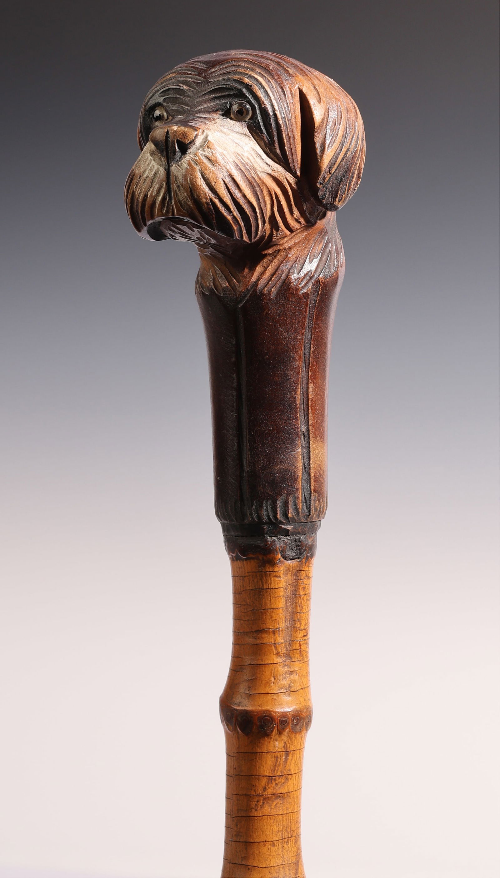 Antique Folk Art Dog Head Cane 36'': Antique Folk Art Dog Head Cane, Carved Wood and Bamboo. Size: 36''L (91 cm).