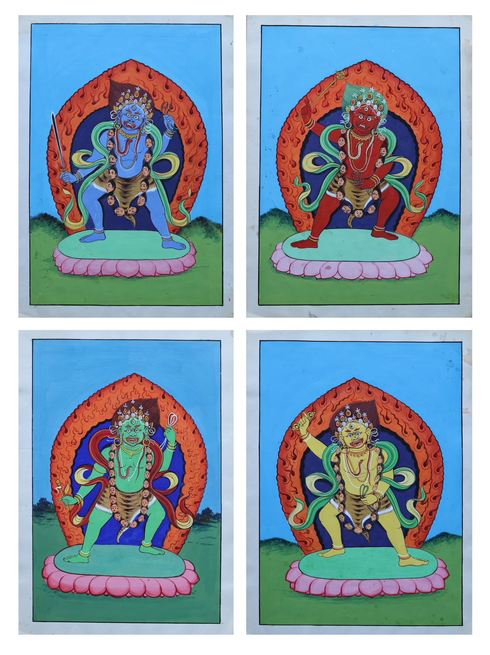 (4) Tibetan (20th c.) Paintings of Vajrayogini: (4) Tibetan (20th c.) Paintings of Buddhist Deity Vajrayogini. Each size: 14'' x 10'' (36 x 25 cm). Unframed.