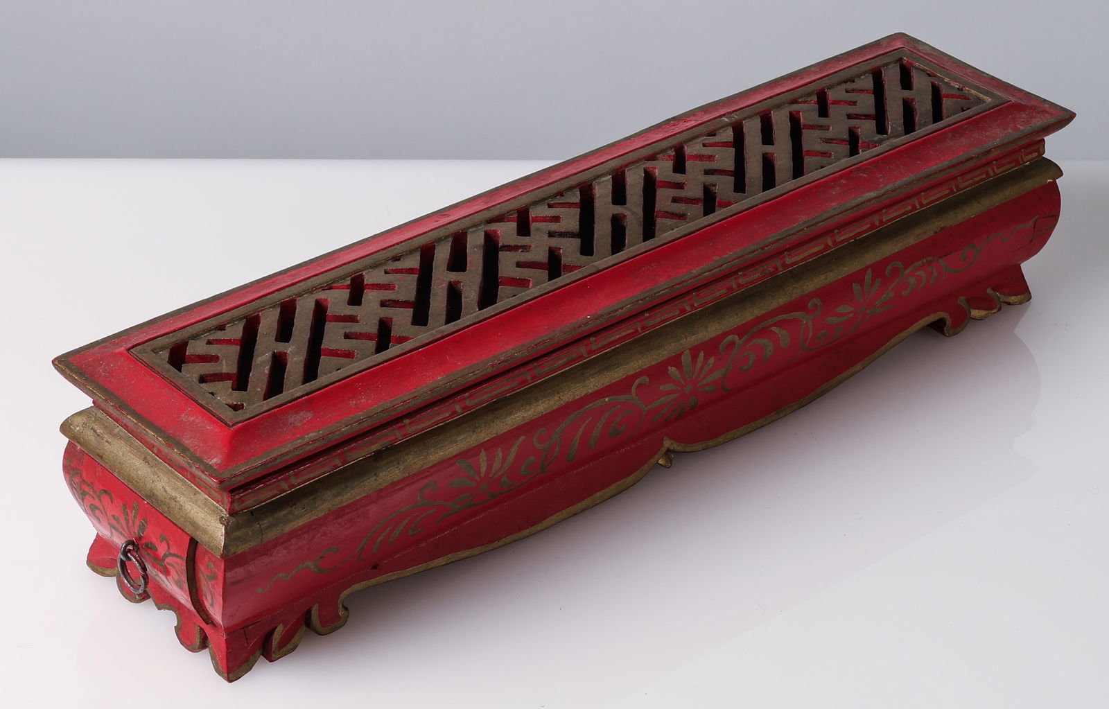 Tibetan Ritual Incense Box: Tibetan Ritual Incense Box, carved and painted wood with drawer. Size: 4'' x 4.25'' x 18.25'' (10 x 11 x 46 cm).