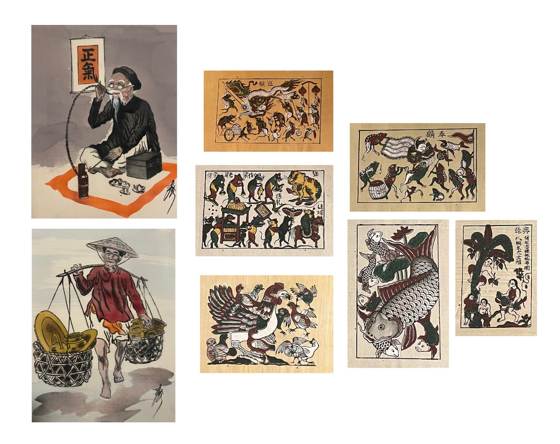 (8 Works) VIETNAMESE ART GROUP: (8 Works) VIETNAMESE ART GROUP (6) Folk Art Woodblock Prints; 10.'' x 14.5'' (25 x 37 cm)and (2) Paintings on Silk. Size: 9'' x 7'', 23 x 18 cm (silk paintings); 16.5'' x 12.75'', 42 x 32 cm (backing)