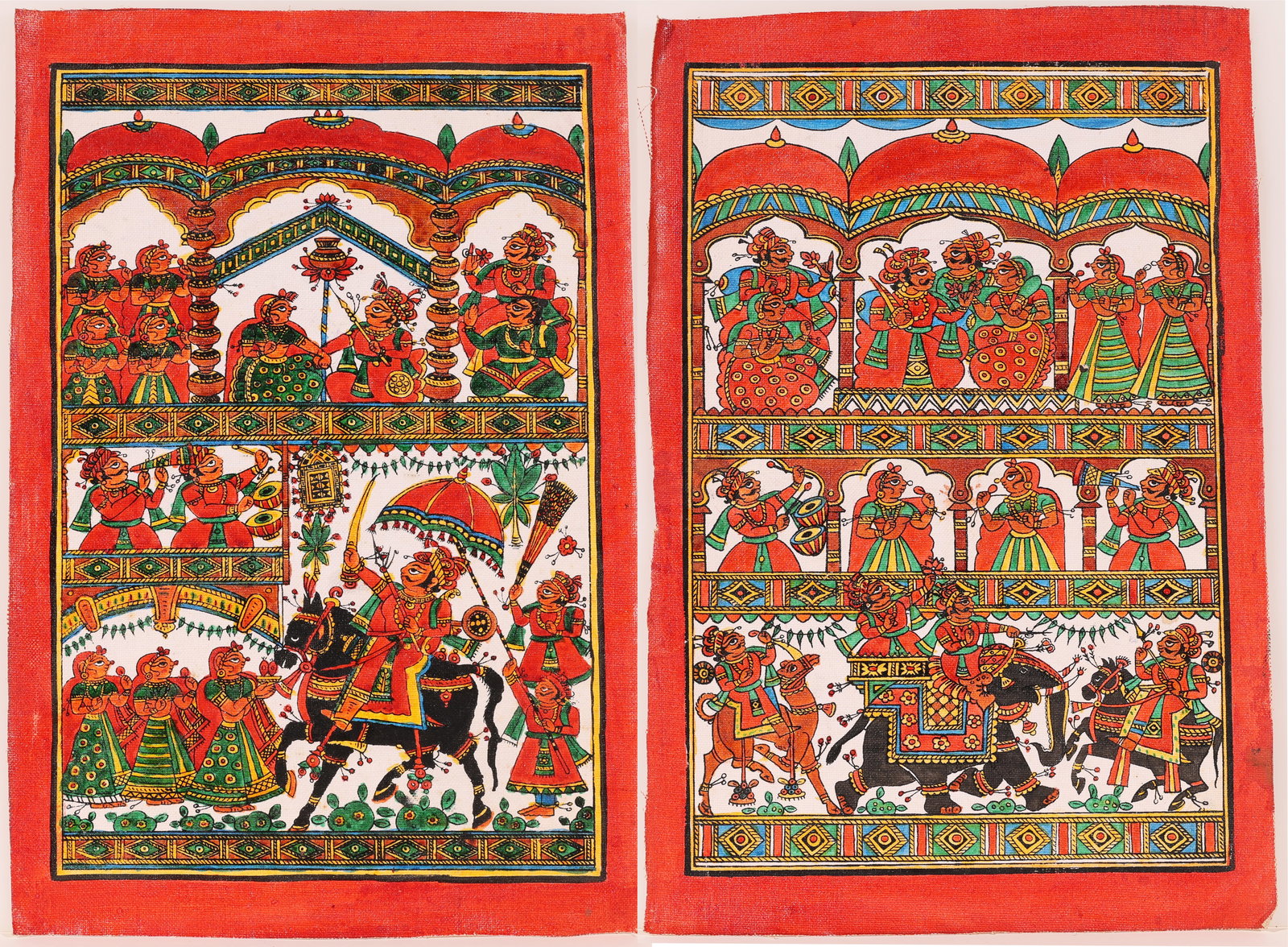 (2) Indian (20th c.) Phad Paintings: (2) Indian (20th c.) Phad Paintings, Hindu narrative canvas scrolls depicting folk deities. Each size: 18'' x 12'' (46 x 30 cm). Unframed. Provenance: Private Pennsylvania Collector; Acquired in Rajas