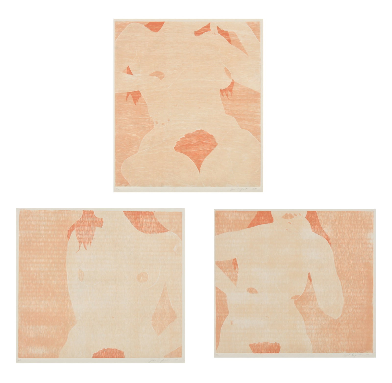 (3 Works) Sarah E. Johnson (20th c.) Nudes, 2001: Sarah E. Johnson (American, 20th c.) 3 Works: Nudes (2001), woodblock prints, each signed, dated and numbered (ed. 5). Ranging in size from: 17" x 18.5", 43 x 47 cm (sight); 27.5" x 25.5", 70 x 65 cm