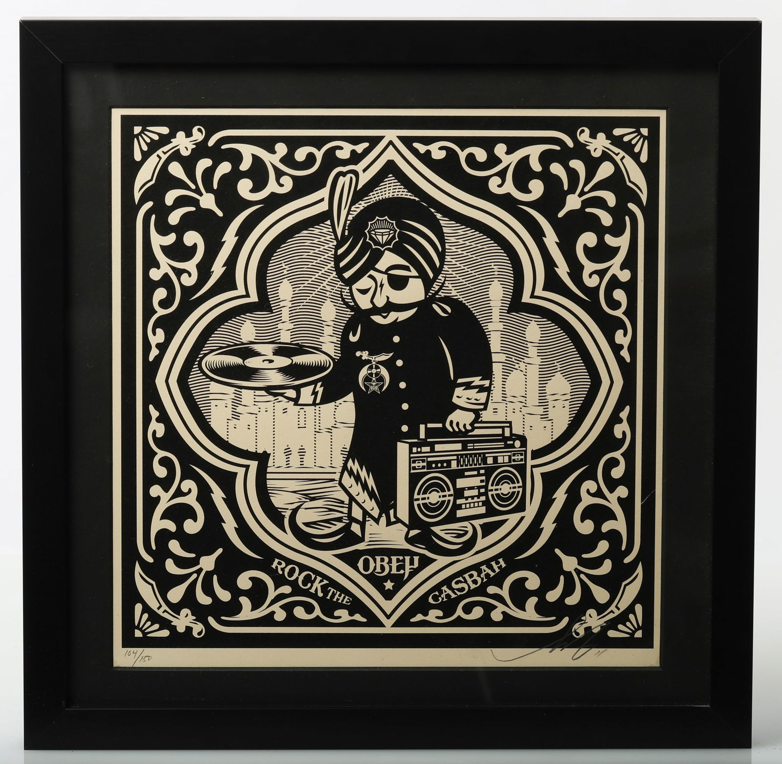 Shepard Fairey (b. 1970) "Rock the Casbah": Shepard Fairey (American, b. 1970) "Rock the Casbah", 2011, limited edition screenprint from "Dance Floor Riot", signed, dated and numbered (ed. 150). Size: 12'' x 12'' (30 x 30 cm). Framed. Published