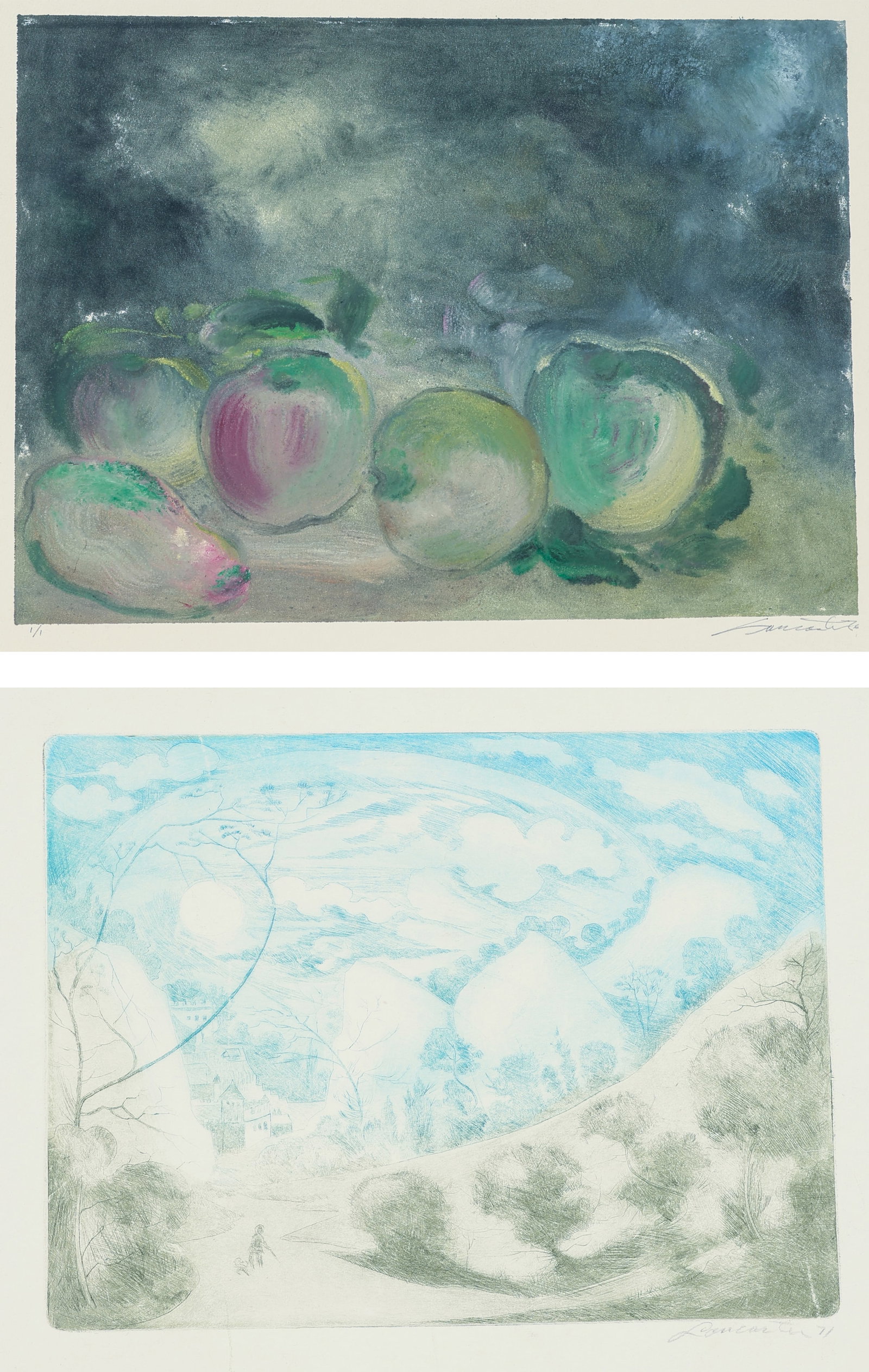 Paul E. Lancaster (1930-2019) Two Works: Paul E. Lancaster (1930-2019) Two Works: 1) Monoprint 1976 signed and numbered (ed. 1) Size: 14'' x 17.5'' (36 x 44 cm); 2) Etching, 1971, signed. Sheet Size: 10.75'' x 14'' (27 x 36 cm).