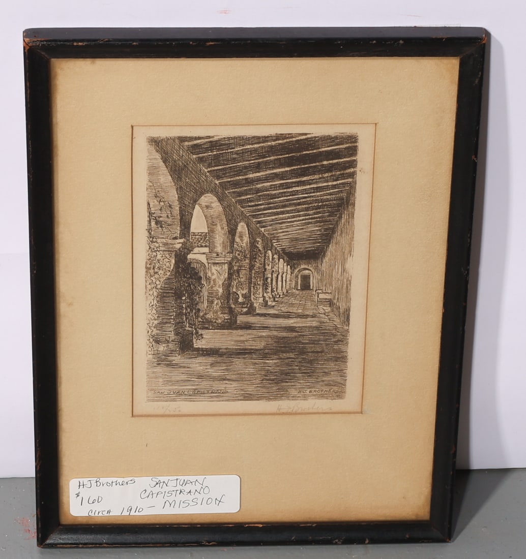 Harold John (H.J.) Brothers (1888-1947) "Mission San Juan Capistrano": Harold John (H.J.) Brothers (1888-1947) "Mission San Juan Capistrano", engraving, signed and numbered (ed. 250). Size: 6'' x 4'', 15 x 10 cm (plate); 11.5'' x 8.75'', 29 x 22 cm (frame). Mission San J