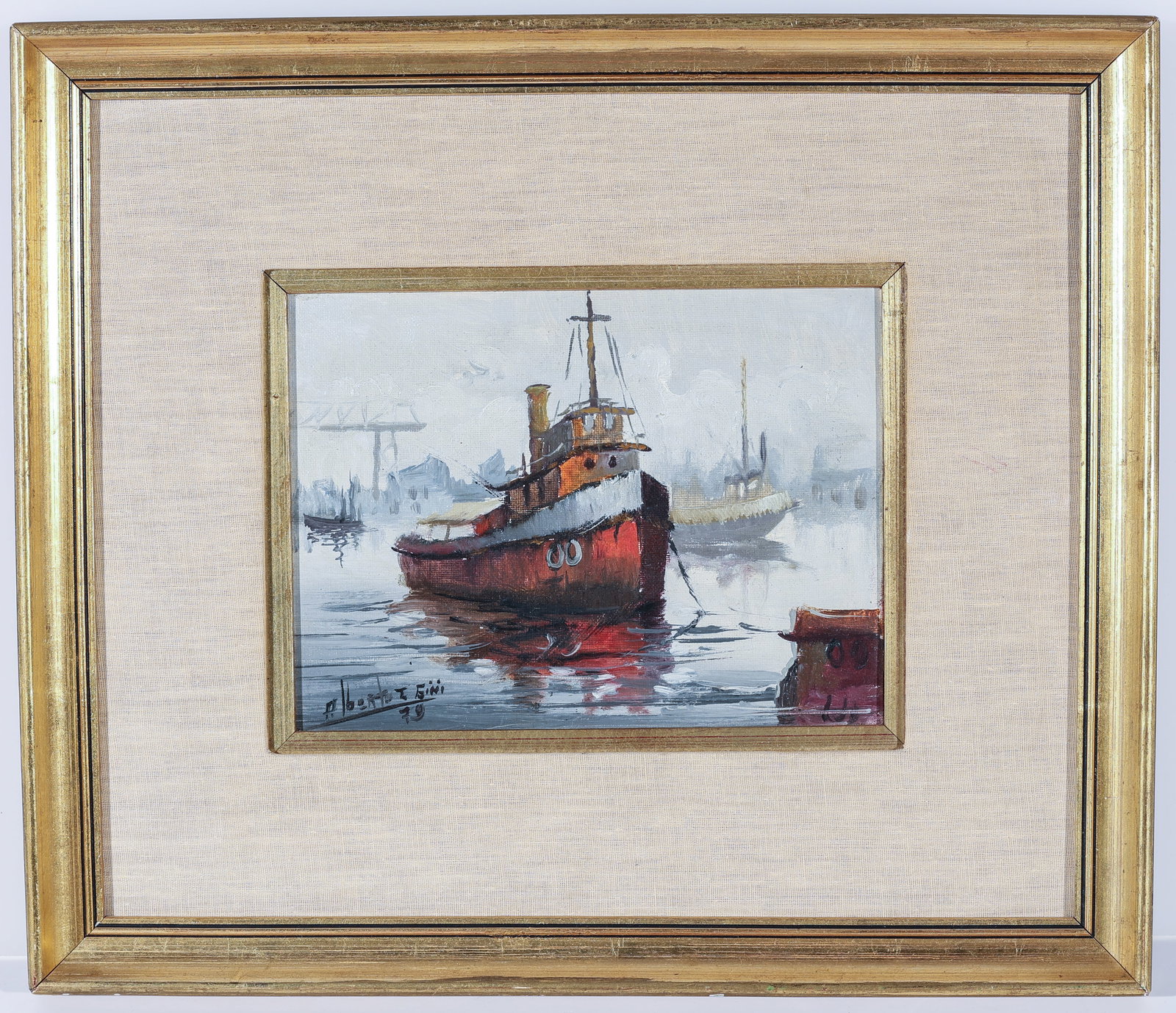 Alberto Tomas Gini "Harbor Scene with Fishing Boat" Painting (1 of 3)