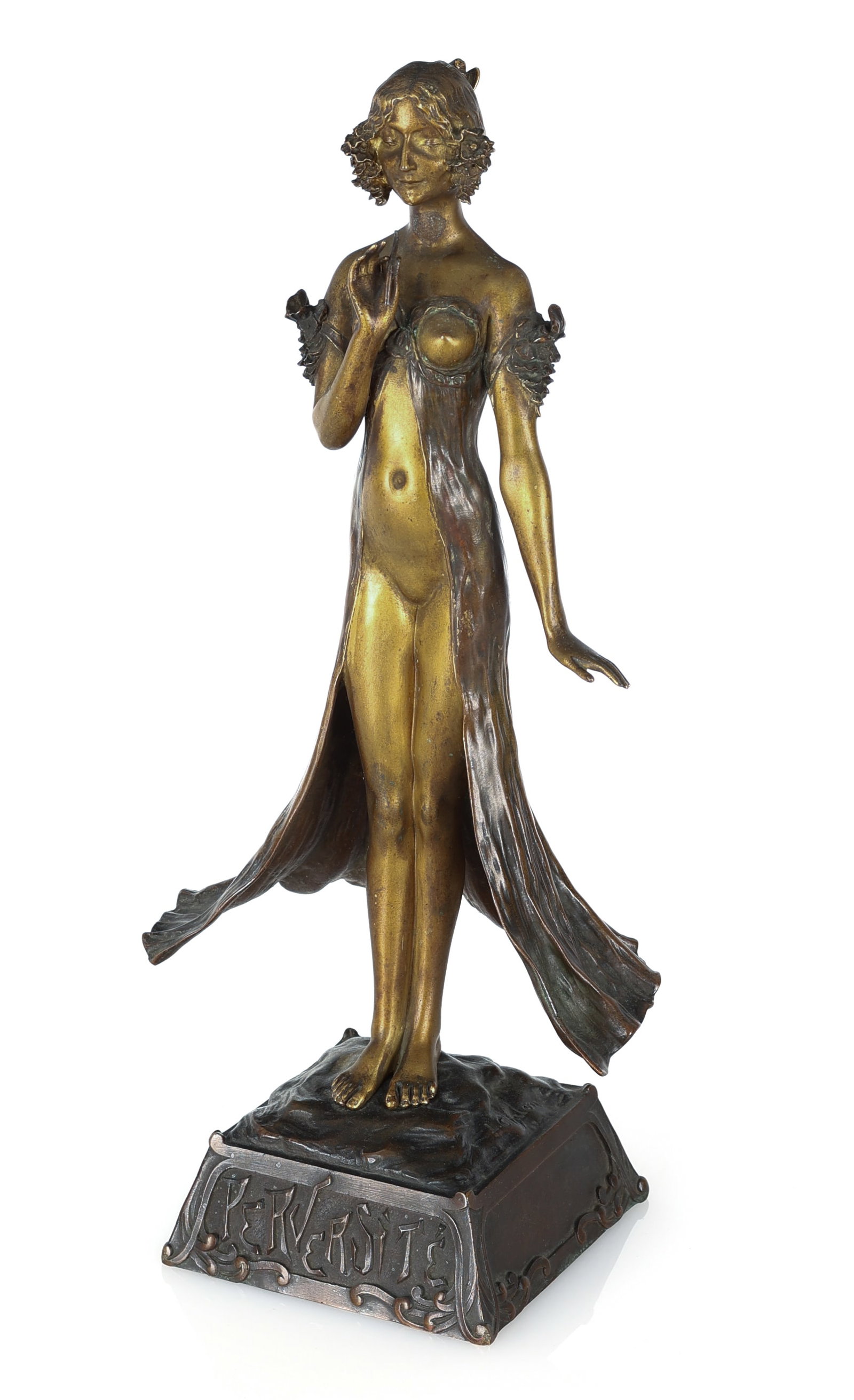 Louis Chalon (1866-1940) "Perversite": Louis Chalon (1866-1940) "Perversite", Antique Gilt Bronze Statuette, signed and titled. Size: 13.75'' x 6'' x 5.5'' (35 x 15 x 14 cm).