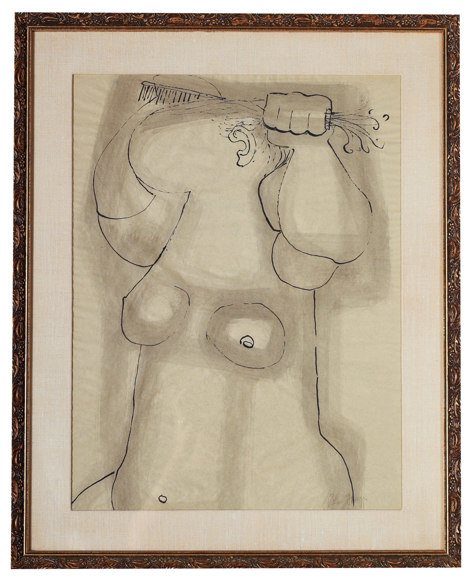 Farruggio (1906-1981) "Woman Combing Her Hair": Remo Farruggio (Italian American, Palermo 1906-1981 Provincetown, Massachusetts) "Woman Combing Her Hair", ink on paper, signed. Framed. Size: 22.5'' x 17'', 57 x 43 cm (sight); 28.75'' x 23.25'', 73 