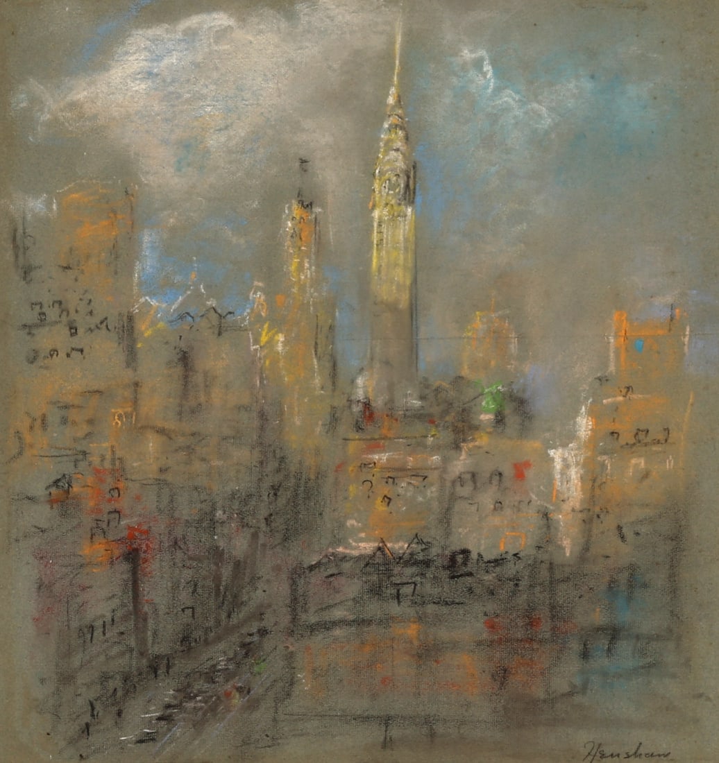Glenn Cooper Henshaw (1880-1946) "NY Cityscape": Glenn Cooper Henshaw (born Arthur Glenn Hinshaw, 1880-1946) "The Chrysler Building Cityscape", Manhattan, New York City, Pastel Drawing, Signed Work on Paper. Housed in a Stanford-White Style 23kt Gol