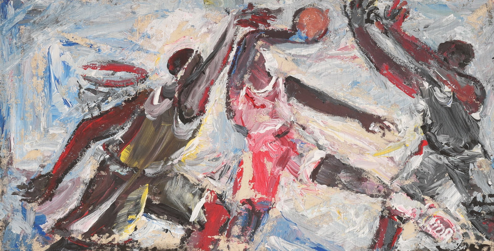 Andrew Turner (1944-2001) "Basketball Game": Andrew Turner (African American / Pennsylvania, 1944-2001) "Basketball Game", Oil Painting on Canvas. Size: 16'' x 31.5'', 41 x 80 cm (stretcher). Unframed.