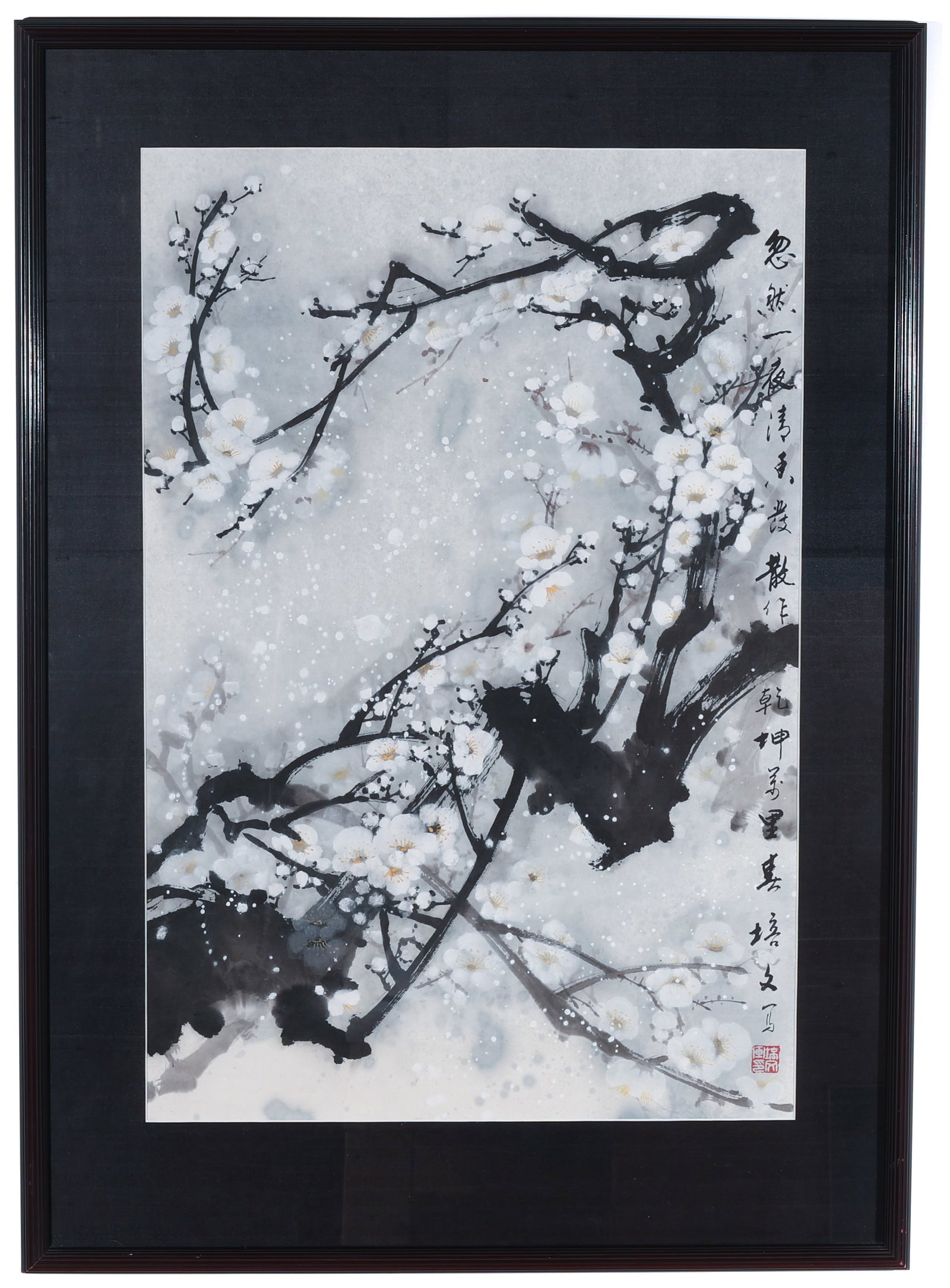 Japanese "Plum blossoms" Painting: Japanese "Plum blossoms" Painting, ink and color on paper, inscribed. Framed. Size: 26'' x 17.5'', 66 x 44 cm (sight); 33.5'' x 24'', 85 x 61 cm (frame).