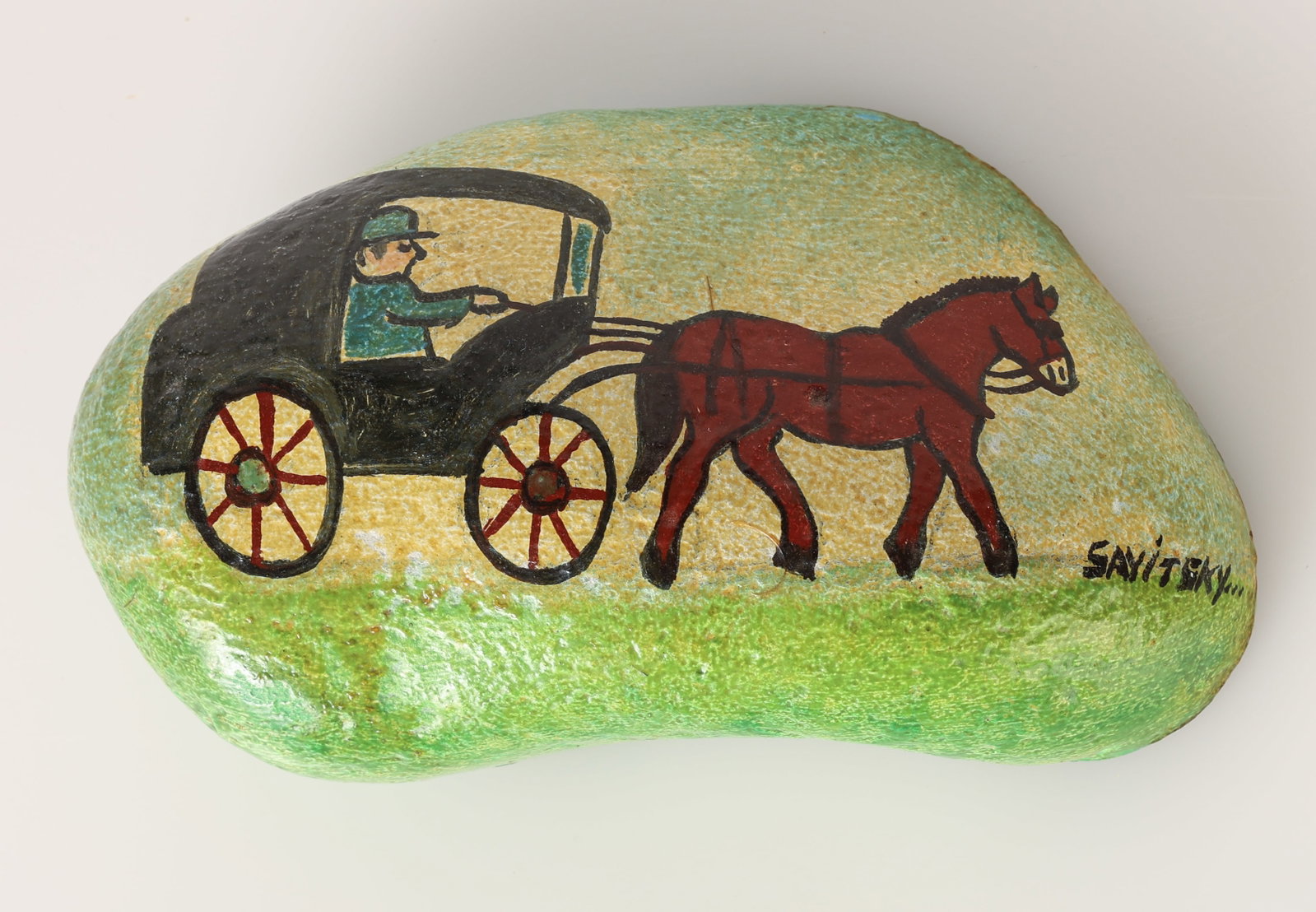 Rare Savitsky Painted Stone: John "Coal Miner Jack" Savitsky (1910-1991) Rare "Horse and Buggy Rider" Painted Stone, Signed. Pennsylvania Folk Art Rock Paperweight. Size: 4'' x 6.5'' x 2'' (10 x 17 x 5 cm).