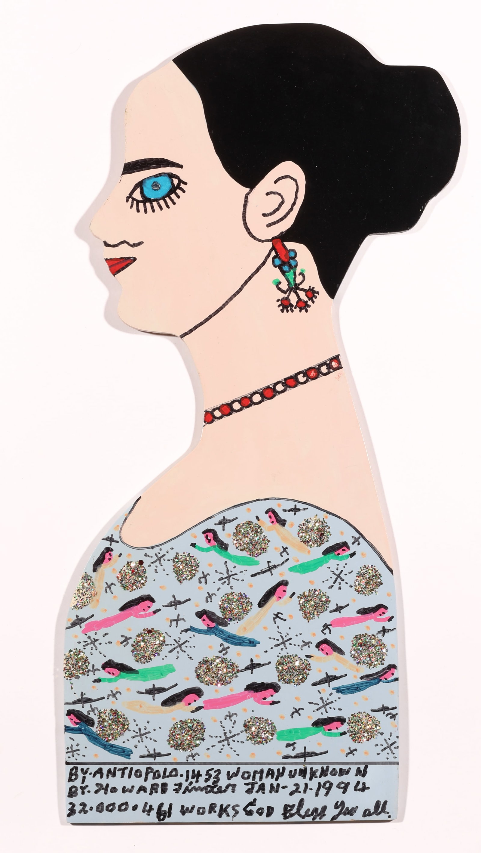 Finster (1916-2001) Woman #32,461: Howard Finster (American, 1916-2001) Woman By Antio Polo #32,461, mixed media and glitter on plywood cut-out profile of a woman, signed, numbered and dated: 1994. Size: 19.5'' x 9.5'', 50 x 24 cm (boa