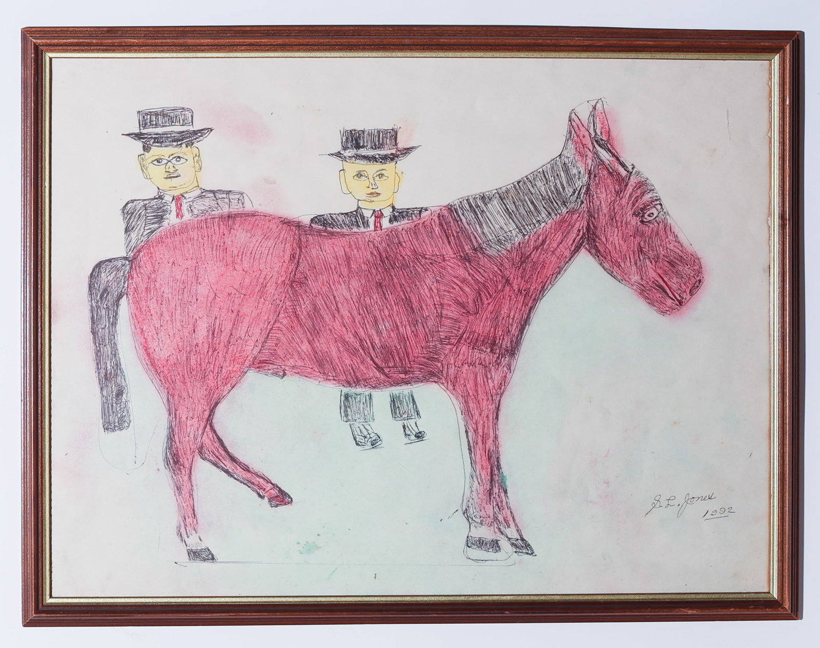 S.L. Jones (1901-1997) Mixed Media Folk Art: S.L. Jones (American, 1901-1997) "Men with Horse", 1992, Folk Art Mixed Media, work on paper, signed. Size: 17.5'' x 23.5'', 44 x 60 cm (sight); 19.5'' x 25.5'', 50 x 65 cm (frame).