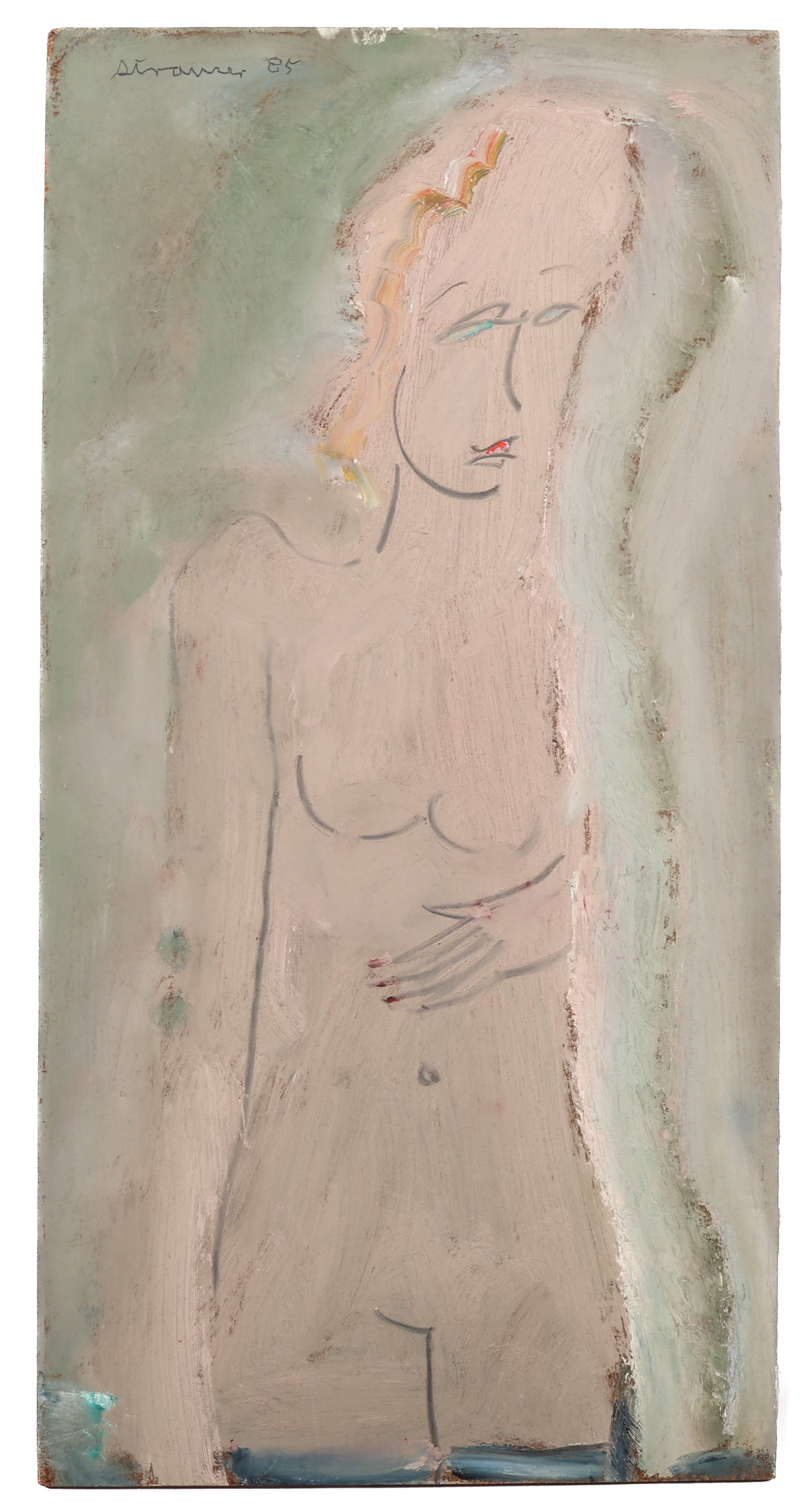 Sterling Strauser (1907-1995) "Nude", 1985: Sterling Strauser (American, 1907-1995) "Nude", 1985, Figure Painting, Oil on Masonite, Signed. Unframed. Size: 15.75'' x 8'', 40 x 20 cm (board).