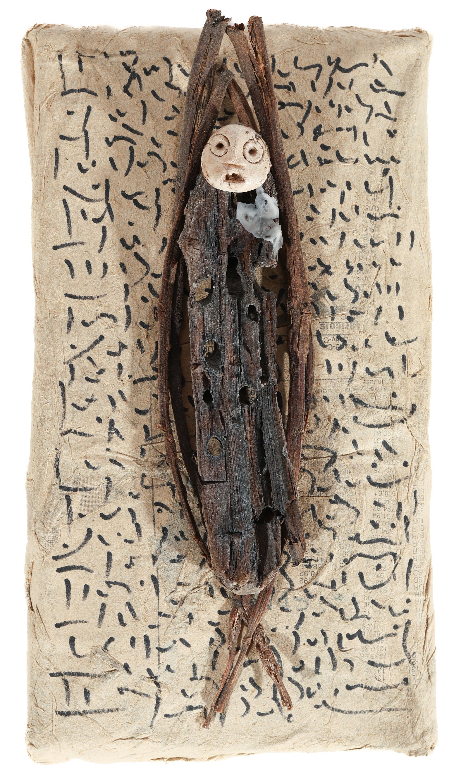 Jephan de Villiers (b. 1940) Untitled (Figure) 1999: Jephan de Villiers (French, b. 1940) Untitled (Figure), 1999, Mixed Media Assemblage Sculpture, signed and dated. Unframed. Provenance: Private New York City Estate. Size: 8'' x 4.5'' x 2'' (20 x 11 x