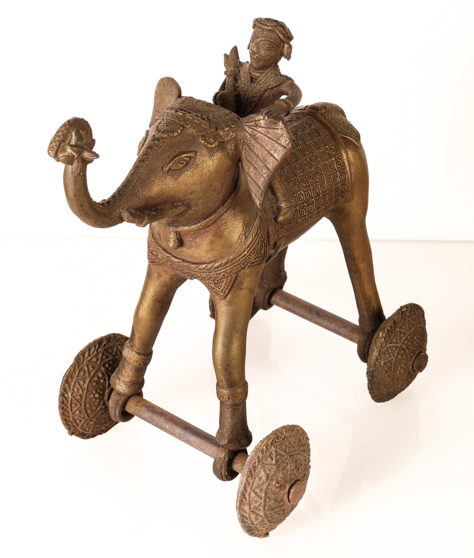 Heavy Indian Warrior & Elephant: Heavy Brass Metal Indian Warrior & Elephant Toy with a Golden Brown Patina. Size: 11.25'' x 7'' x 11'' (29 x 18 x 28 cm).