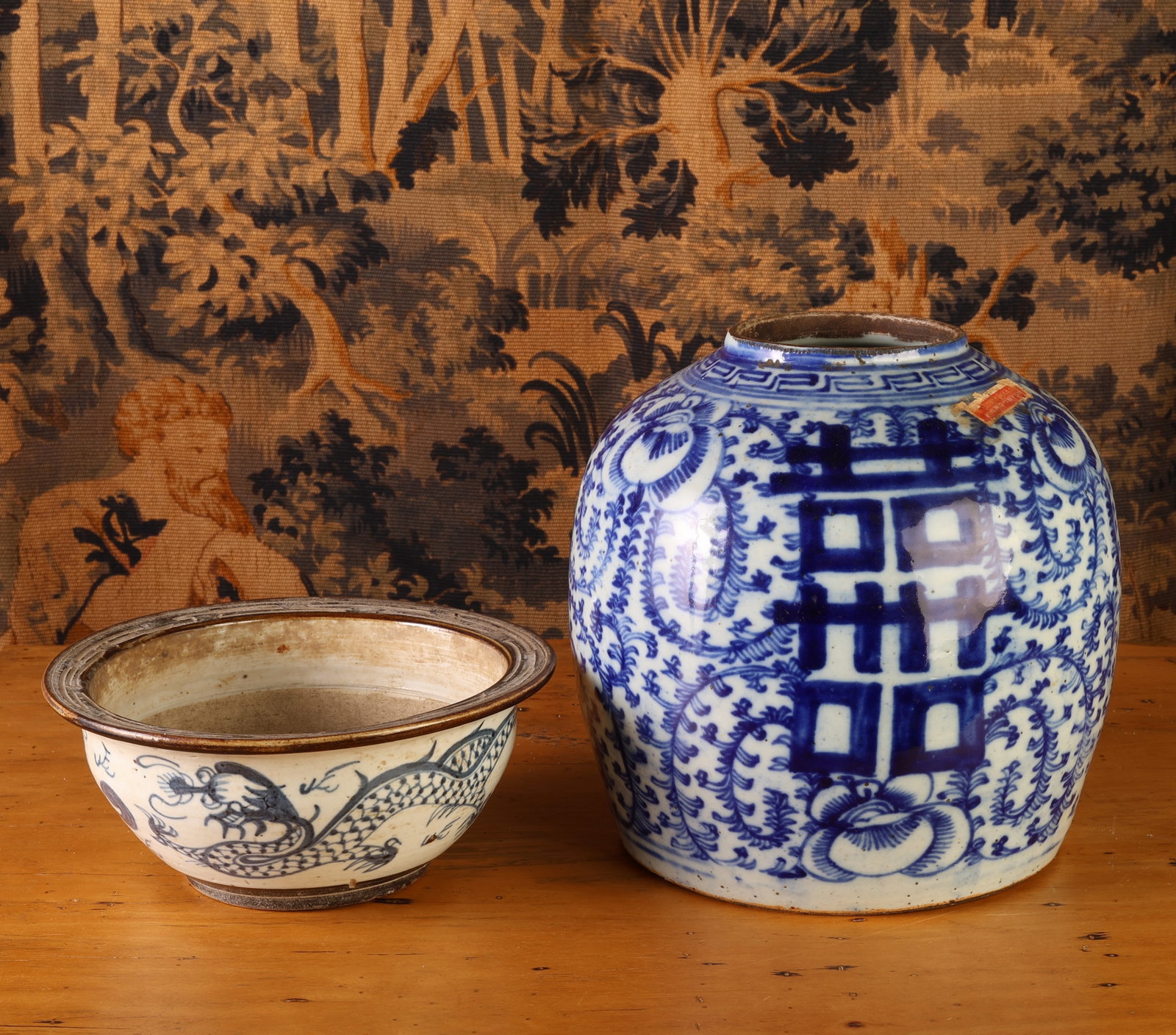 2-piece Chinese Blue and White Pottery Lot (1 of 3)