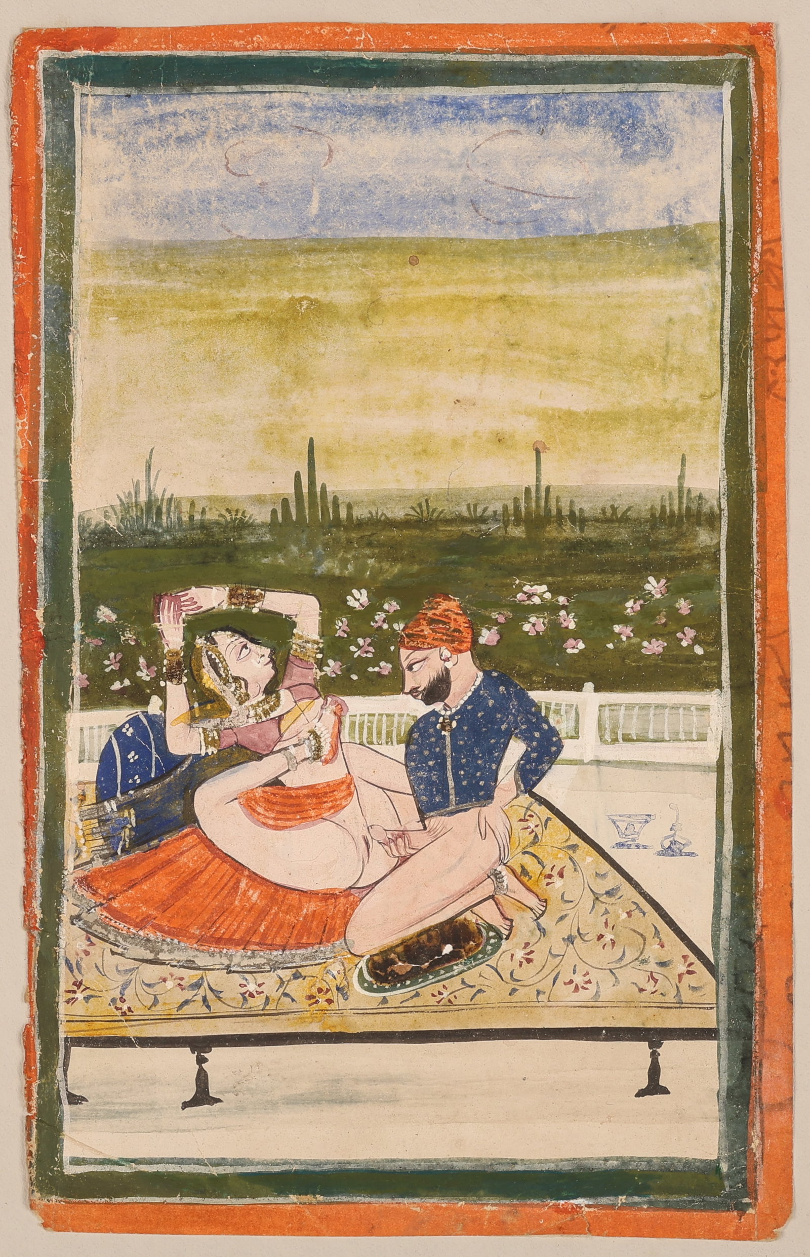 Antique Kamasutra Painting: Antique Indian Erotic Kamasutra Mughal Miniature Painting. Opaque Watercolor on Paper. Unframed. Size: 9.75'' x 6'', 25 x 15 cm (sheet).