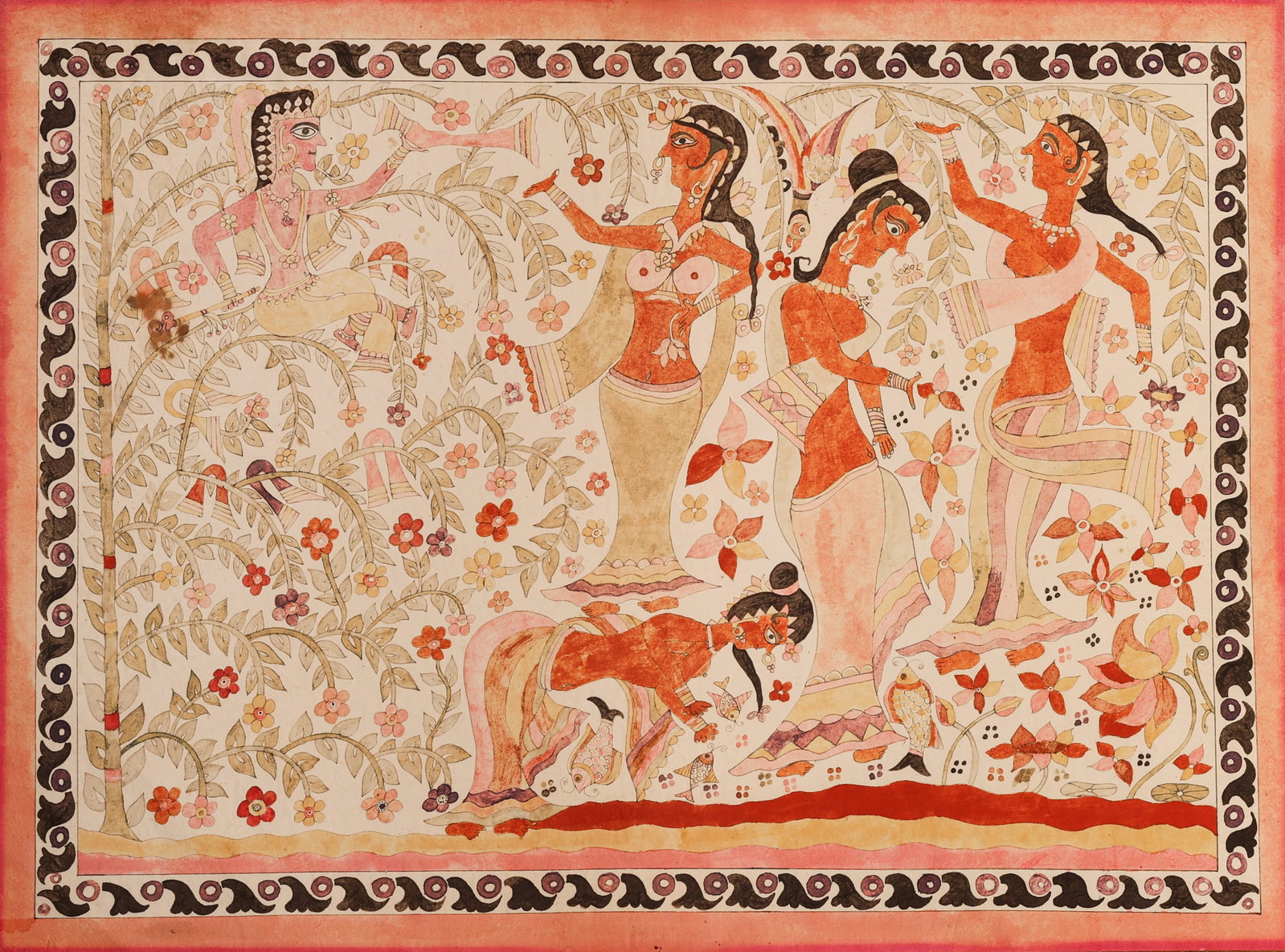 Indian Folk Art Painting: Indian Folk Art Mithila Style Painting Krishna by the Yamuna River under a Kadamba tree, Cheer Haran leela scene with gopis. Watercolor and Ink on Paper, inscribed verso (partially mounted to board). 