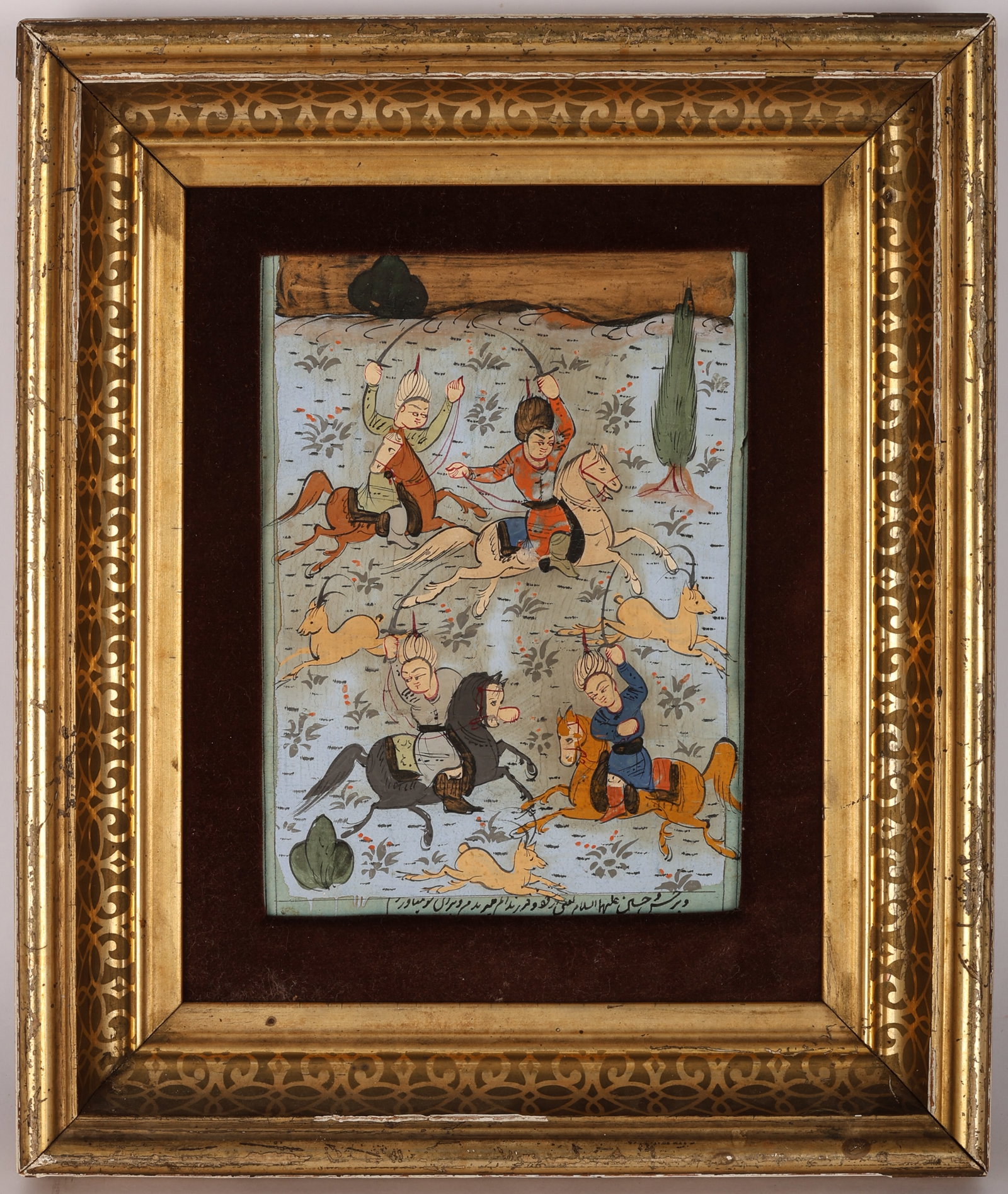 "Antelope Hunt" Miniature Painting: Antique Persian Miniature Painting: "Antelope Hunt on Horseback", 18th-19th century, ink and opaque colors on paper, with inscription. Framed. Size: 7.75'' x 5.75'', 20 x 15 cm (sight); 13.25'' x 11.2