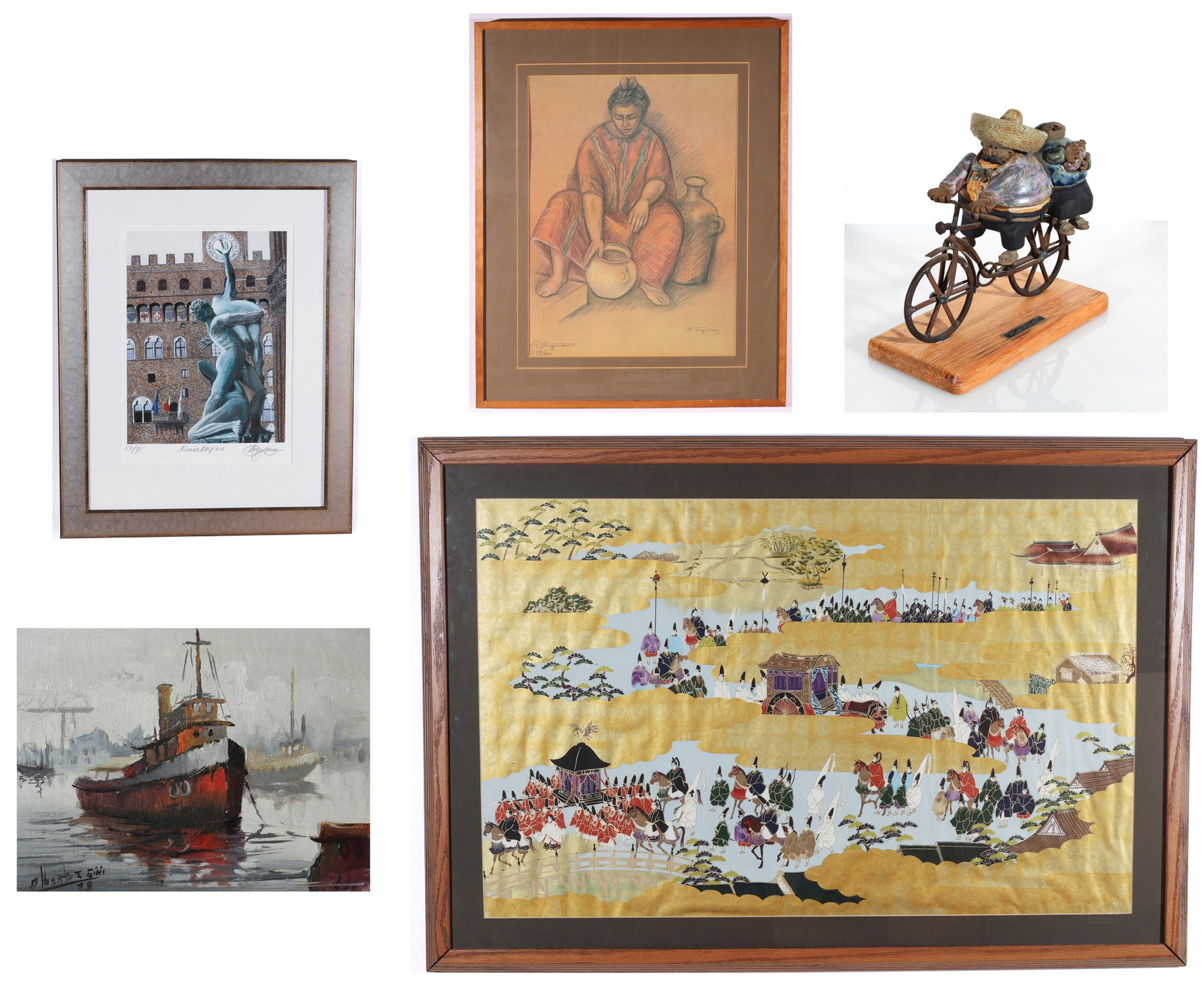 (5) Assorted Works by Various Artists: (5) Assorted Works by Various Artists - World Traveler??s Estate (20th c.) : 1) Anguiano (Mexico, 1915-2006) Portrait of a Woman (1979), offset lithgraph, signed and numbered (ed. 400). Framed. Size: 