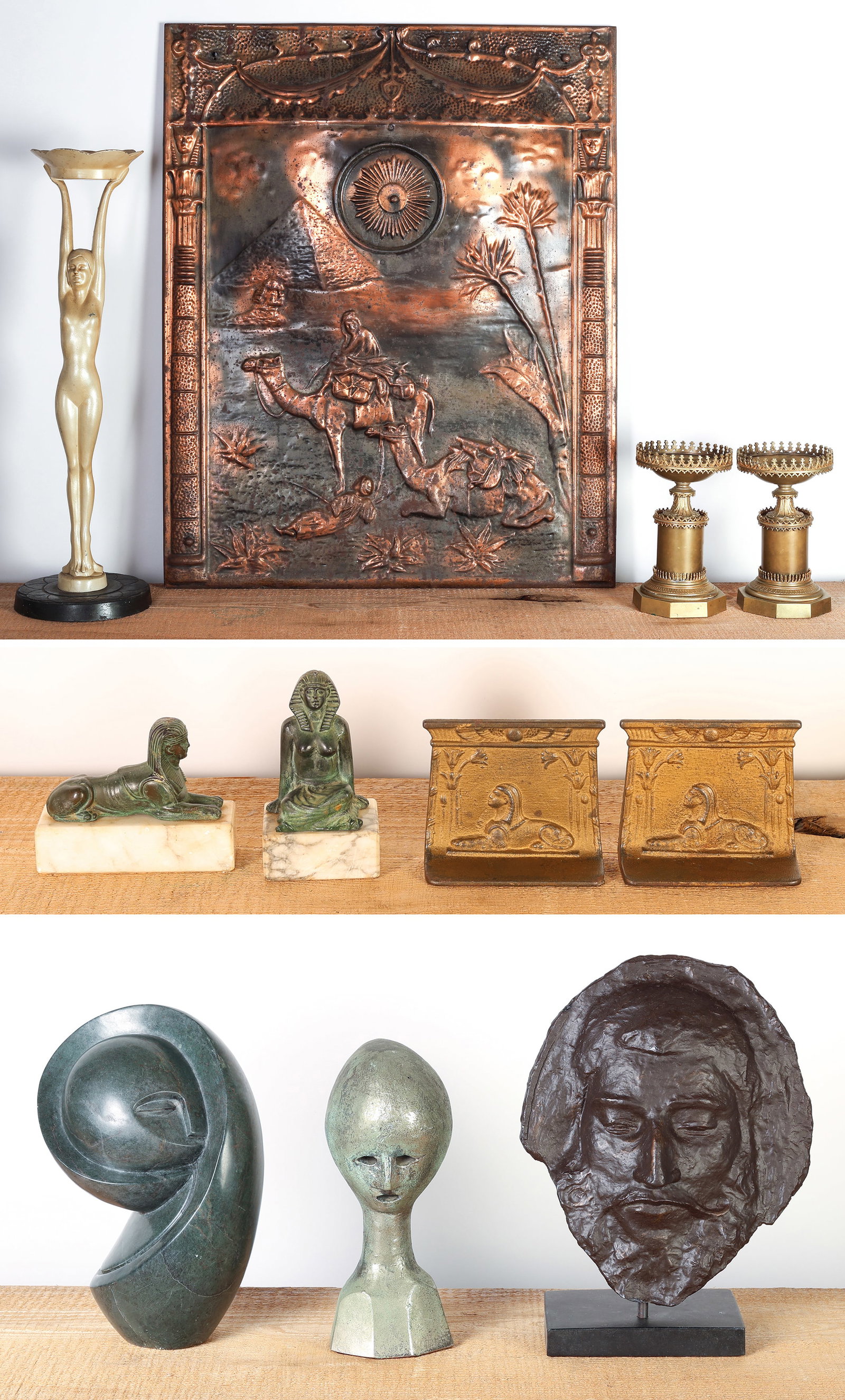 11 piece Collectors Lot: 11 piece Eclectic Collectors Lot of decorative sculptures and artifacts. Including after Paul Gauguin Tete de Sculpteur: 13'' x 9'', 33 x 23 cm ; Frankart Art Deco Graceful Nude Female Figural Smoking