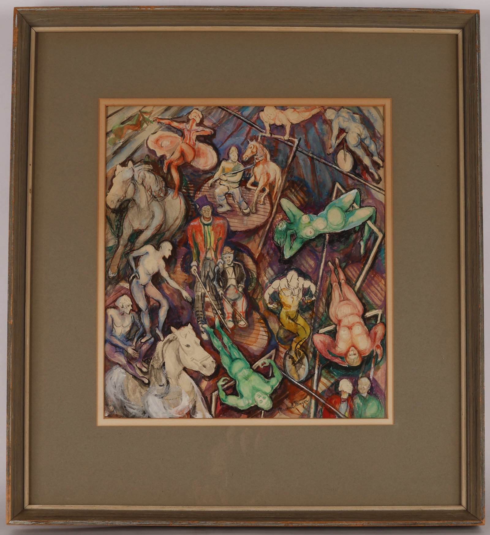 Michael Mayor "Modernist Circus Acrobats": Michael Mayor (20th c.) "Modernist Circus Acrobats", Watercolor and Mixed Media Painting on Paper, signed. Framed. Size: 13.5'' x 11.75'', 34 x 30 cm (sight); 22.25'' x 20'', 57 x 51 cm (frame).