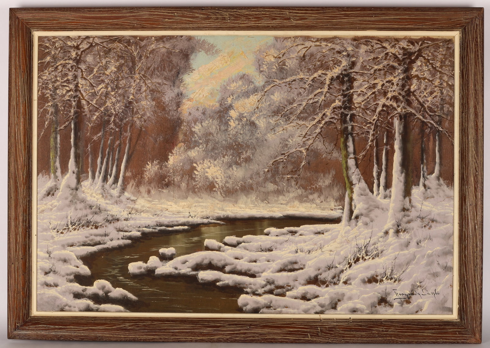 Neogrady (1896-1962) "Hungarian Winter Snow": Laszlo Neogrady (1896-1962) "Hungarian Winter Snow" , Landscape oil painting on canvas, signed. Period wood frame. Size: 24'' x 36'', 61 x 91 cm (stretcher); 28.5'' x 40.5'', 72 x 103 cm (frame).