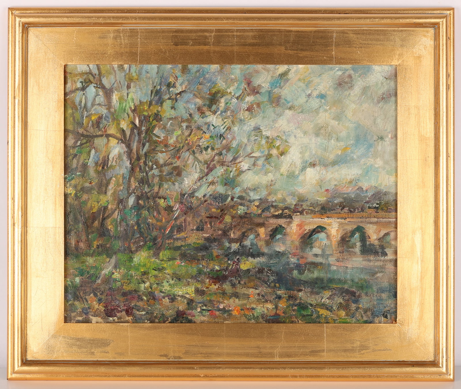 Philip Cohn (1923-2025) Painting: Philip Cohn (American, 1923-2025) Summer Landscape with Bridge, Oil Painting on Canvas. Size: 14'' x 18'', 36 x 46 cm (stretcher); 20'' x 24'', 51 x 61 cm (frame).