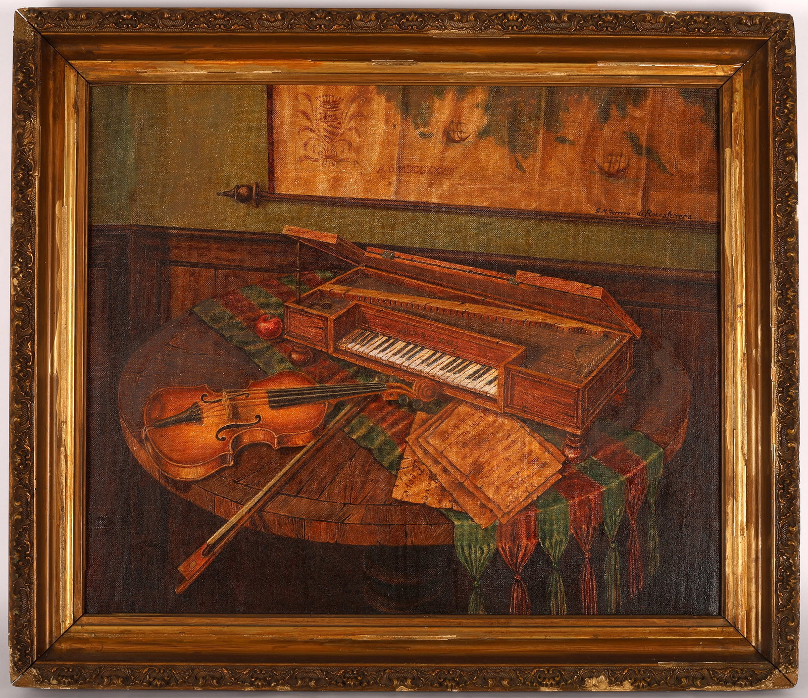 Ferrero di Roccaferrera (20th c.) Still Life Painting: Giuseppe M. Ferrero di Roccaferrera (20th c.) Still Life Painting (Syracuse, New York, May 1976) of a 1666 German Spinettina and a 1721 Italian Violin at the Cherubini Museum of Art in Florence, Italy