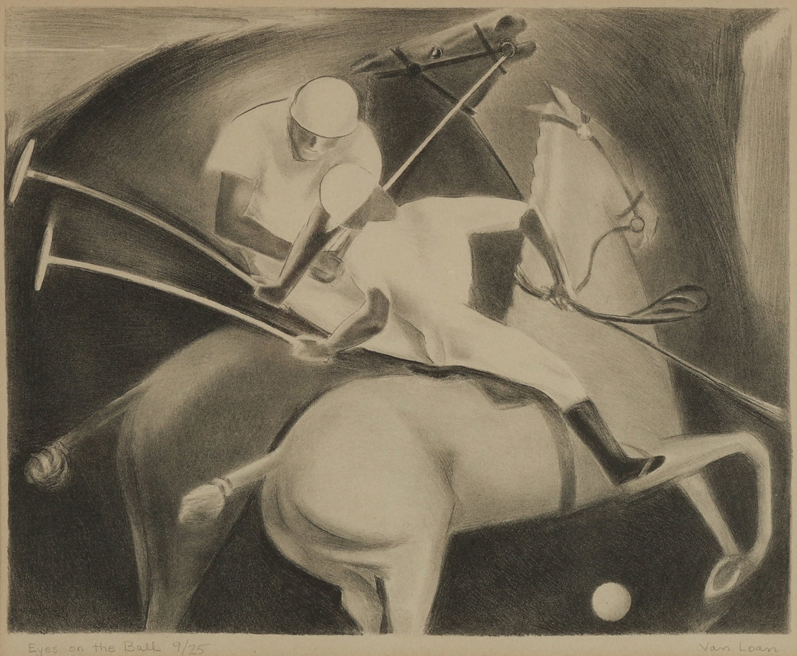 Van Loan (1904-1999) "Eyes on the Ball" Lithograph: Dorothy Van Loan (1904-1999) "Eyes on the Ball", Original Vintage Lithograph of Polo Players, signed and numbered, from an edition of 25. Framed. Size: 12.5'' x 15.5'', 32 x 39 cm (image); 21'' x 23''
