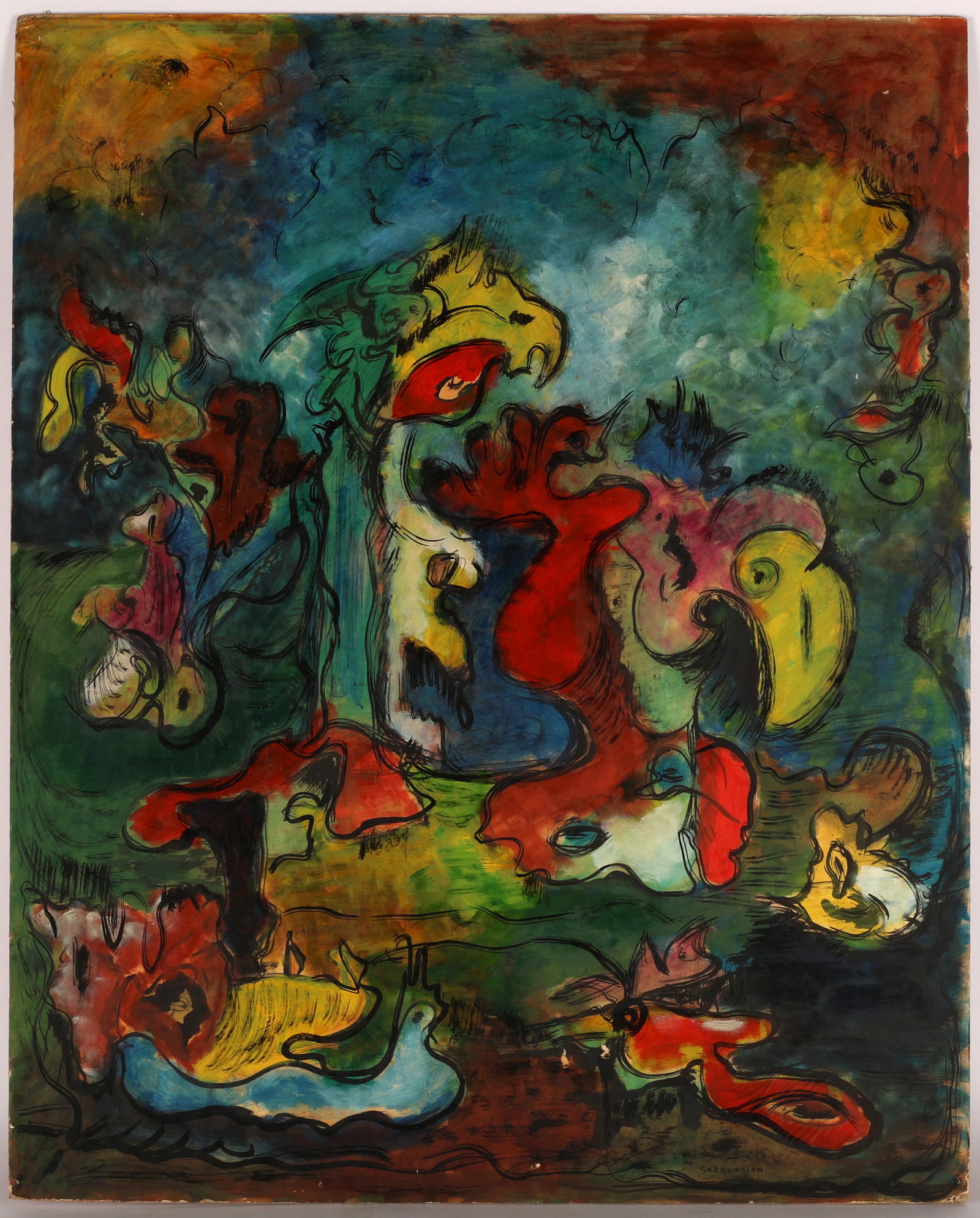 Sacklarian (1899-1983) Abstract Painting: Stephen Sacklarian (Bulgarian/American, 1899-1983) Abstract Mixed Media Painting, signed. Unframed. Size: 33.75'' x 27.25'', 86 x 69 cm (board).