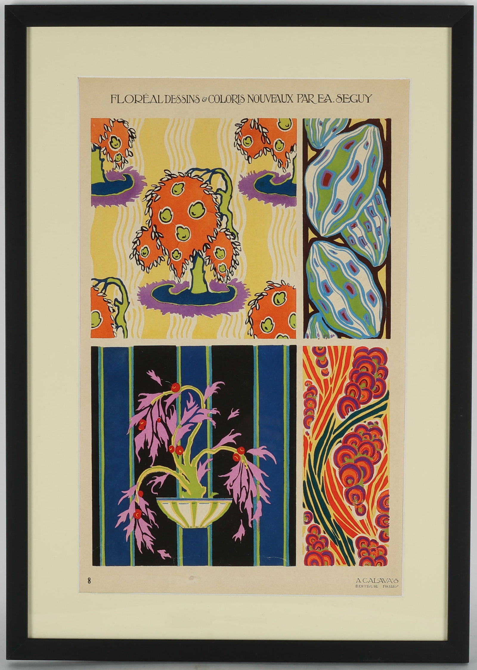 Seguy (20th c.) Original 1925 Pochoir #8: Emile-Allain Seguy (20th c.) Original 1925 Pochoir #8 from FLOREAL: Designs and Coloris Nouveaux. Publisher: A. Calavas, Paris. Size: 19'' x 11.75'', 48 x 30 cm (sight); 24.25'' x 17.25'', 62 x 44 cm 