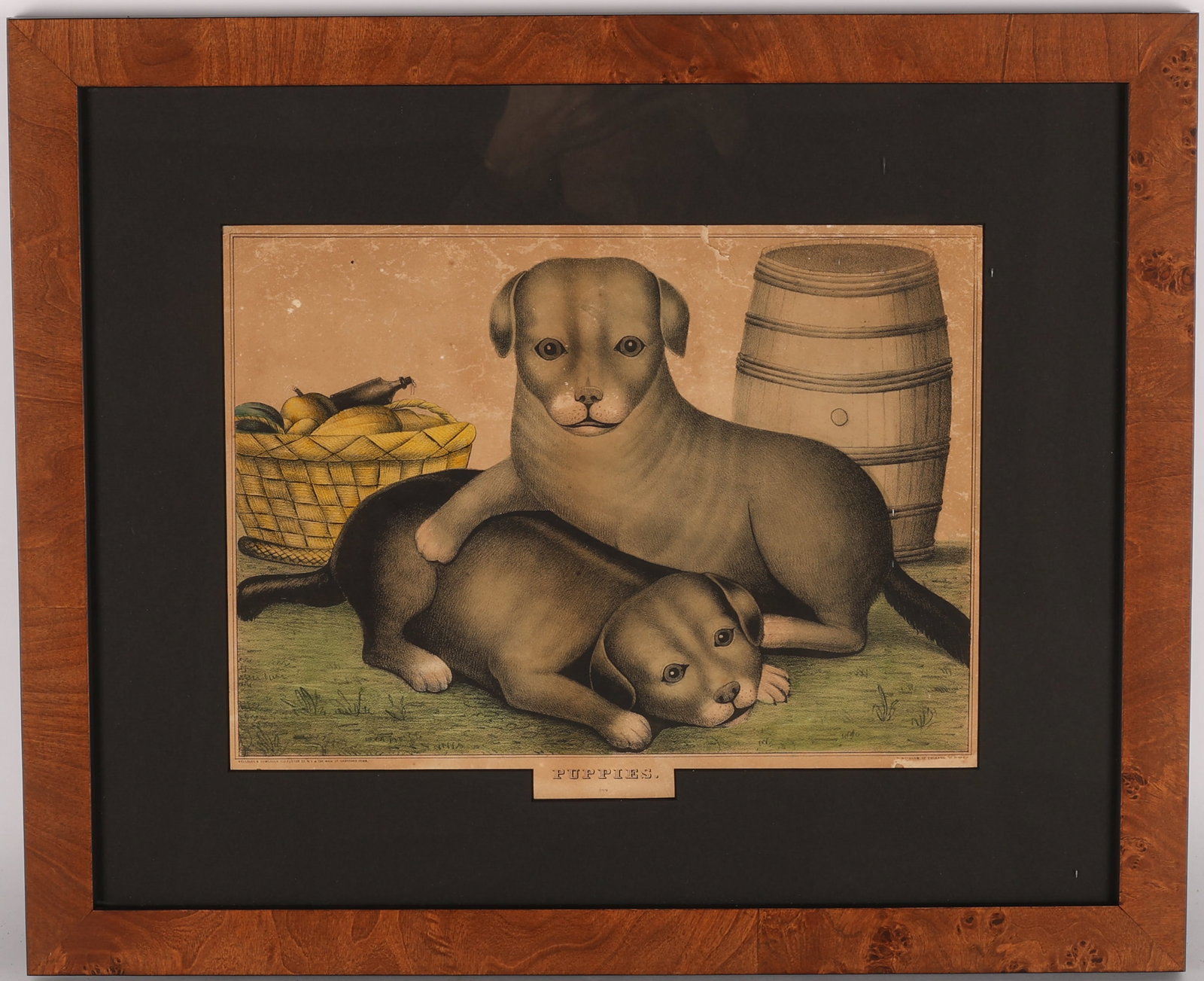 Antique "Puppies" Folk Art Lithograph: Antique "Puppies" Folk Art Lithograph by Kelloggs & Comstock and D. Needham around 1846-1850. Framed. Size: 9.5'' x 12.5'', 24 x 32 cm (sight); 16.25'' x 19.75'', 41 x 50 cm (frame).