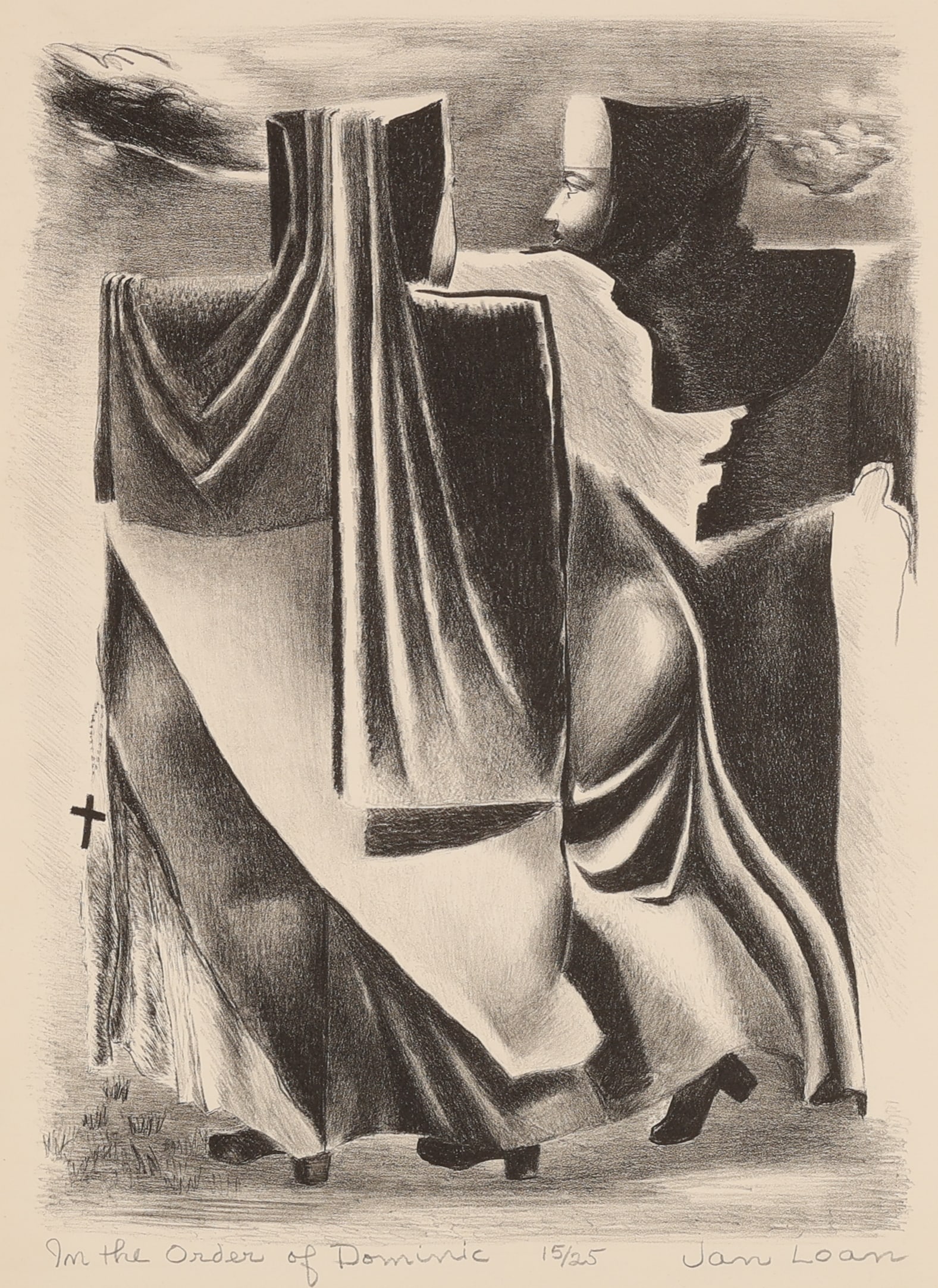 Van Loan (1904-1999) Lithograph, ed. 25: Dorothy Van Loan (1904-1999) "In the Order of Domenic", Lithograph, signed and numbered, from an edition of 25. Matted. Unframed. Size: 14.5'' x 10.5'', 37 x 27 cm (image); 20'' x 16'', 51 x 41 cm (ma