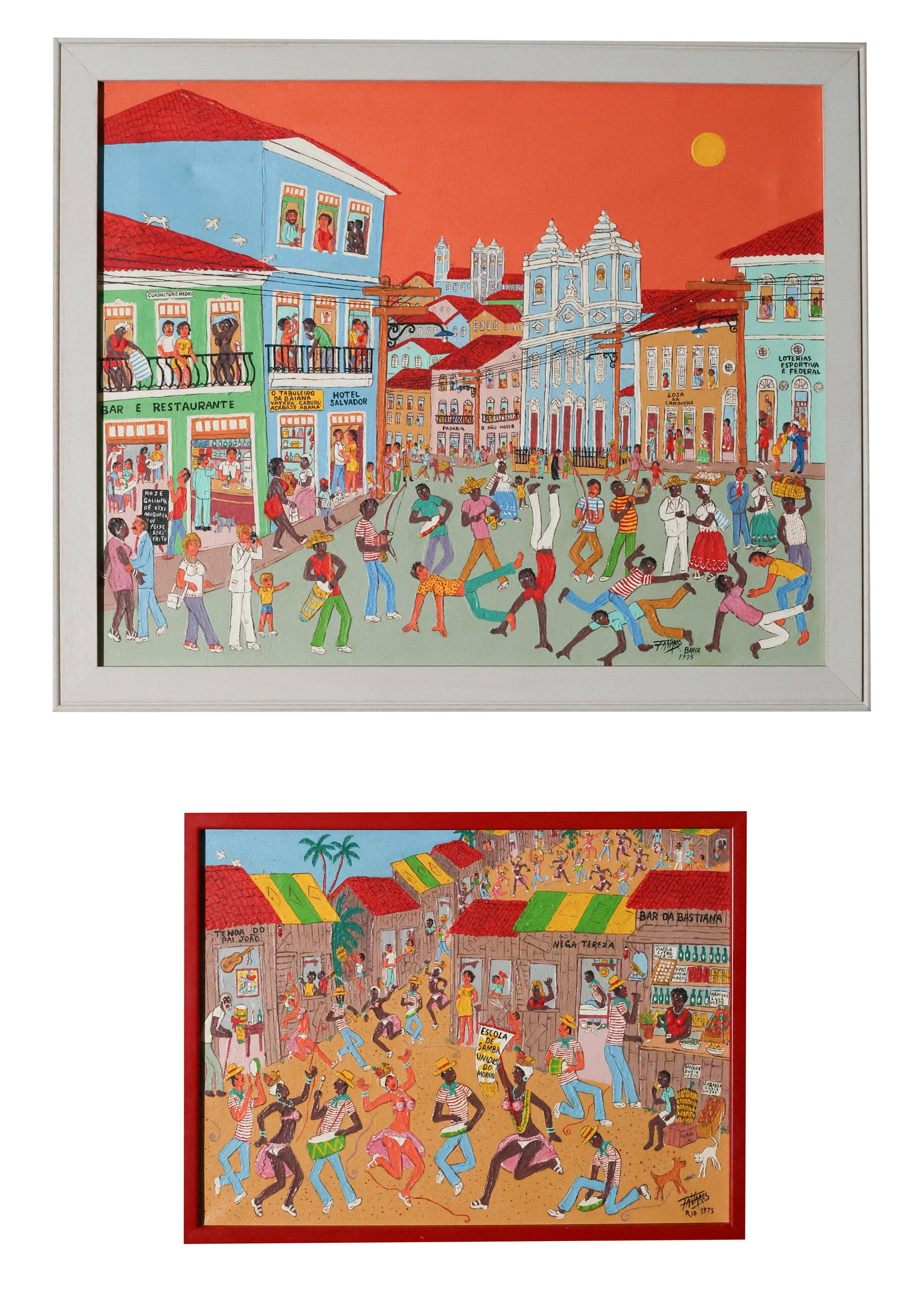 Camilo Eduardo Tavares (1932-2014) (2) Paintings: (2) Camilo Eduardo Tavares (1932-2014) Paintings: 1) "Bahia", 1975, Brazilian Folk Art Painting on canvas, signed and dated. Framed. Size: 17'' x 21'', 43 x 53 cm (sight); 19.5'' x 23.75'', 50 x 60 cm