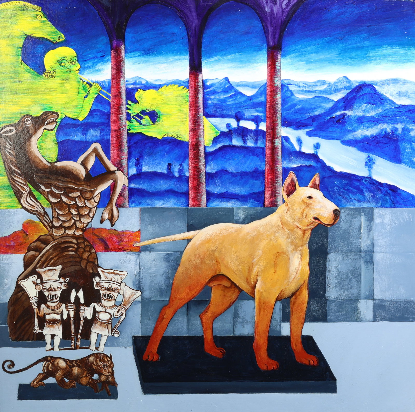 Christine McGinnis Painting: 36'' x 36'': Christine McGinnis (1937-2019) "Golden Dog", Painting on canvas, signed. Framed. Size: 36'' x 36'', 91 x 91 cm (stretcher); 37.5'' x 37.5'', 95 x 95 cm (frame). Provenance: Private Collection; Rodger 