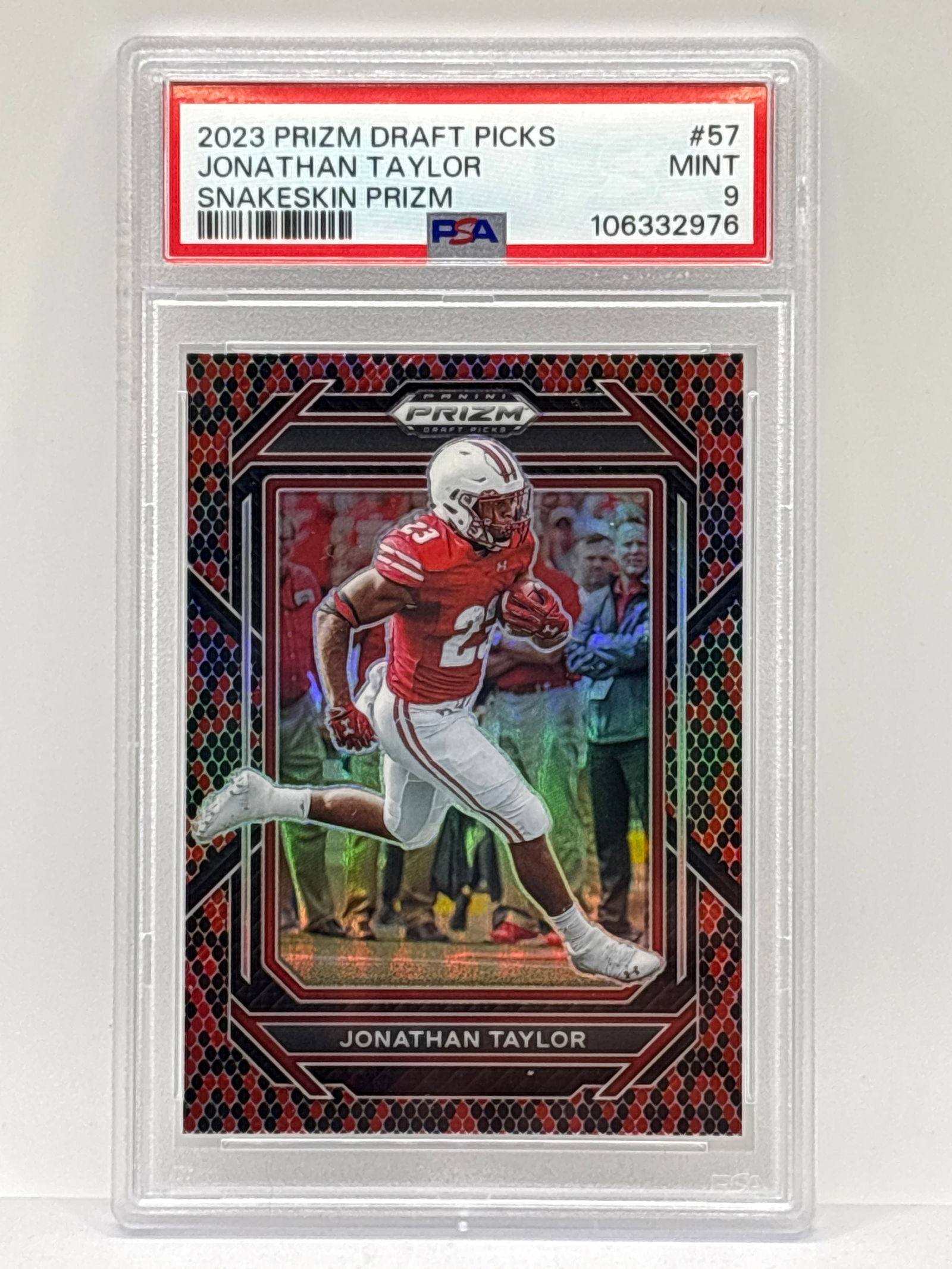 2023 PANINI PRIZM DRAFT PICKS JONATHAN TAYLOR SNAKESKIN PRIZM HOLO GRADED PSA MINT 9 (1 of 4)