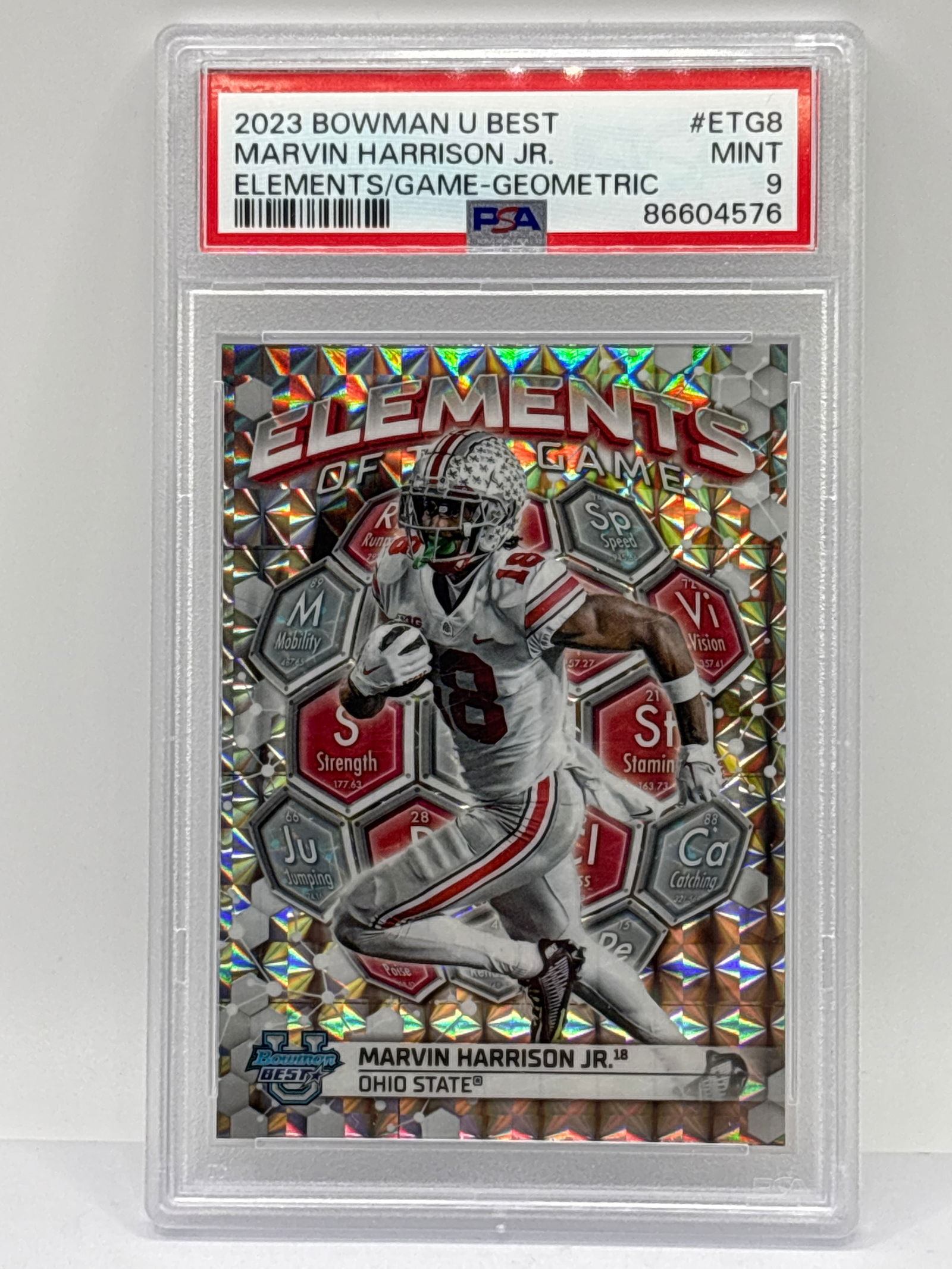 2023 BOWMAN UNIVERSITY BEST MARVIN HARRISON JR ELEMENTS OF THE GAME SILVER GEOMETRIC RC PSA MINT 9 (1 of 4)
