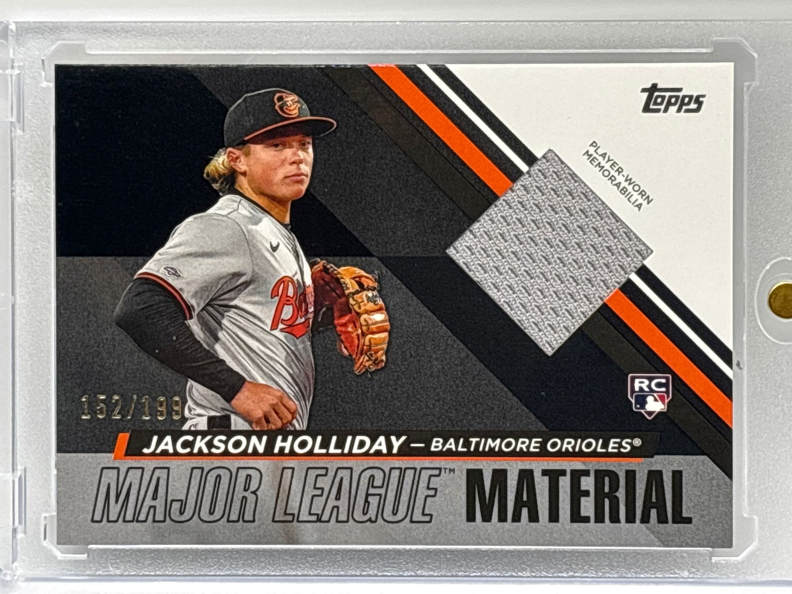 152/199!!  2024 TOPPS BASEBALL UPDATE SERIES JACKSON HOLLIDAY ML MATERIAL PLAYER-WORN RC PATCH (1 of 4)