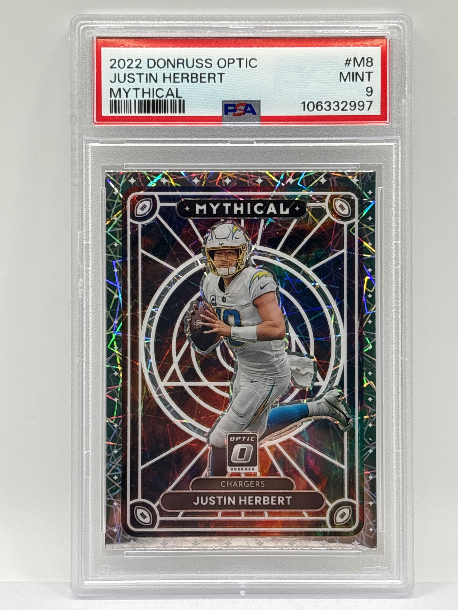 CASE HIT!!  2022 PANINI DONRUSS OPTIC JUSTIN HERBERT MYTHICAL PRIZM HOLO GRADED PSA MINT 9 (1 of 4)