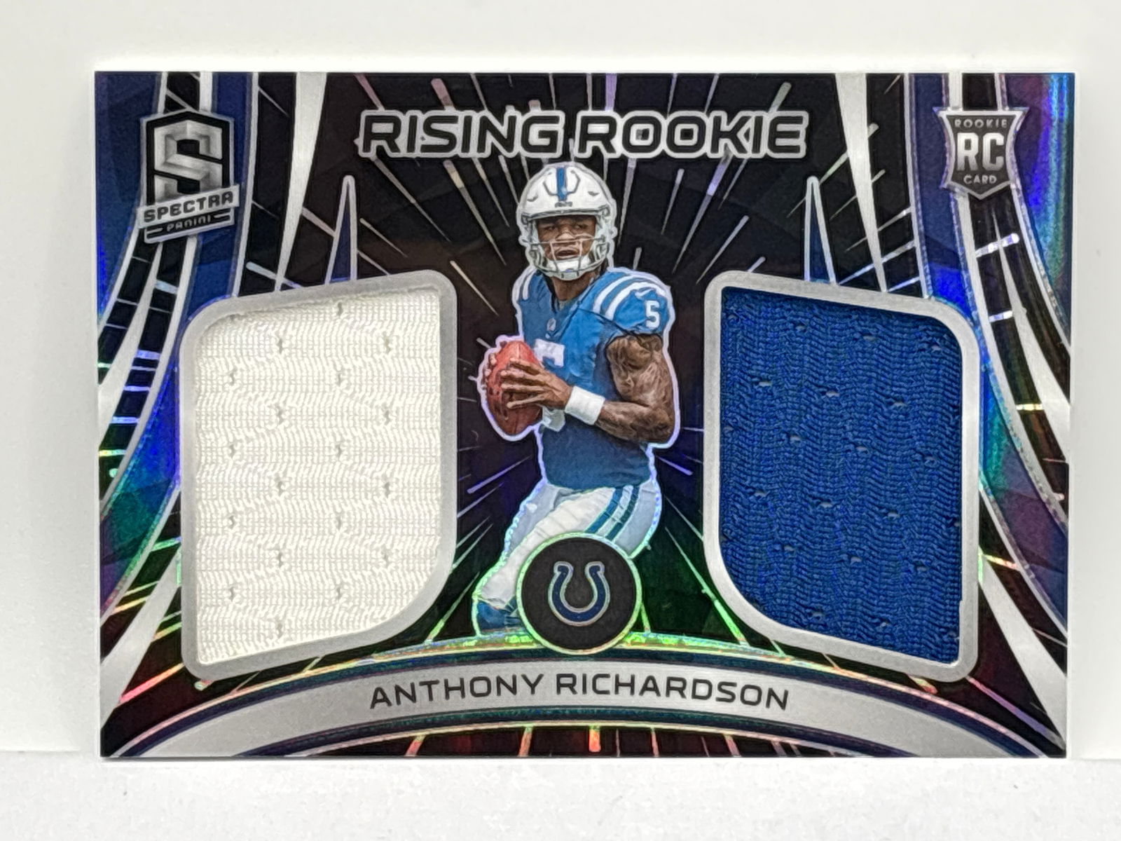 47/60!!  2023 PANINI SPECTRA RISING ROOKIE ANTHONY RICHARDSON DUAL PATCH PRIZM HOLO ROOKIE CARD (1 of 6)
