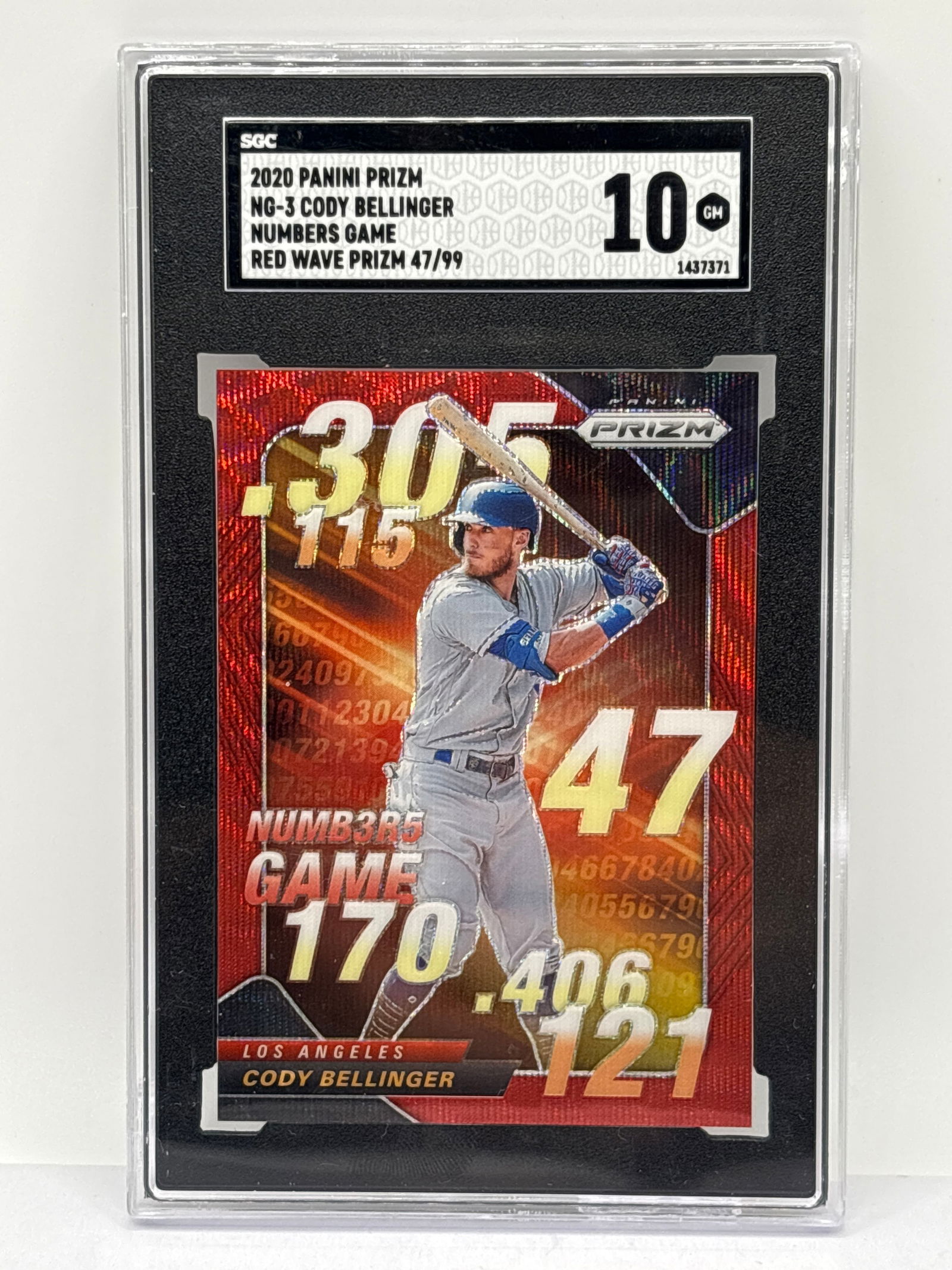 47/99!!  2020 PANINI PRIZM CODY BELLINGER NUMBERS GAME RED WAVE PRIZM HOLO GRADED SGC GEM MINT 10 (1 of 4)