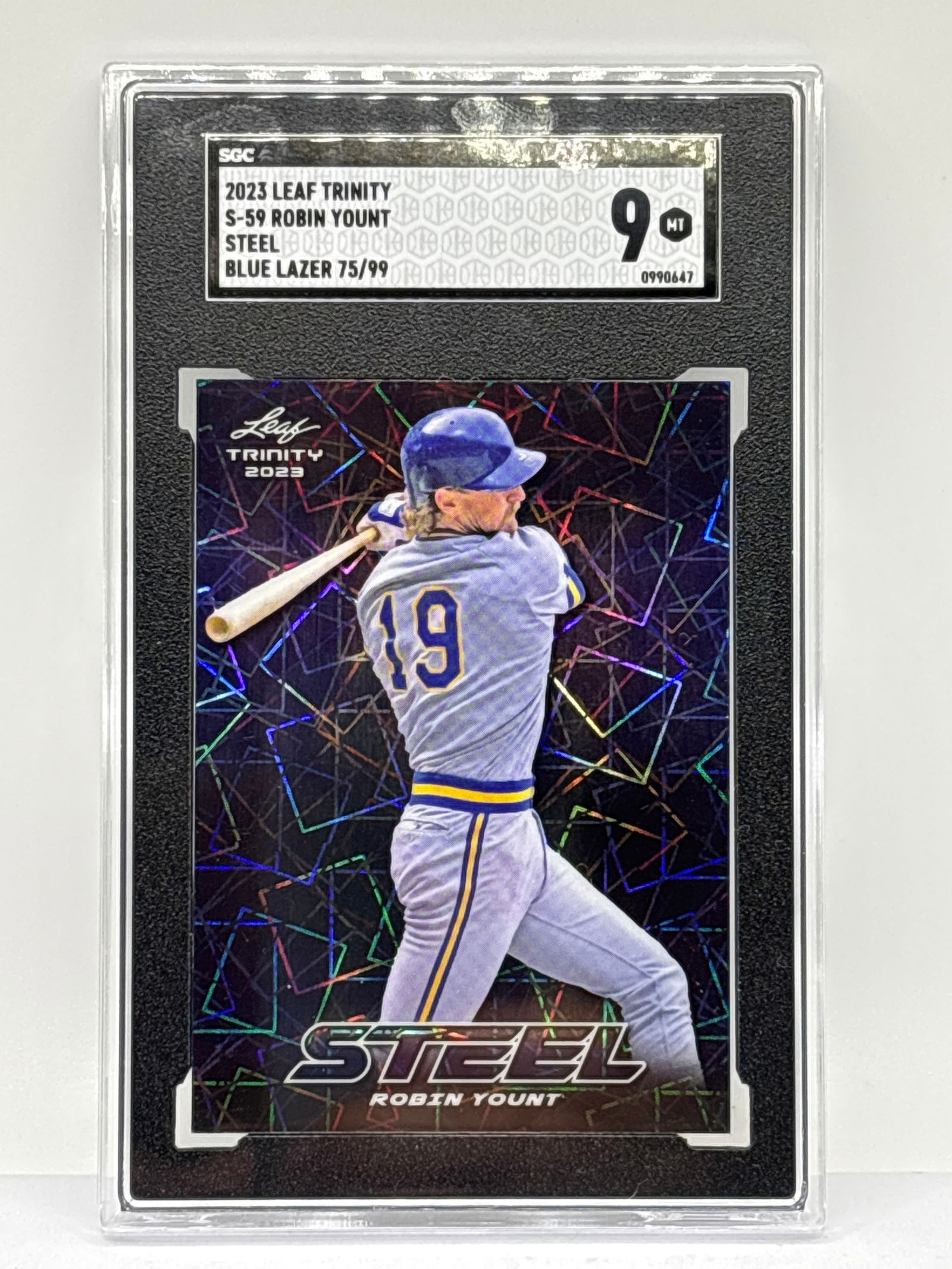 75/99!!  2023 LEAF TRINITY ROBIN YOUNT BLUE STEEL LAZER SP GRADED SGC MINT 9 (1 of 4)
