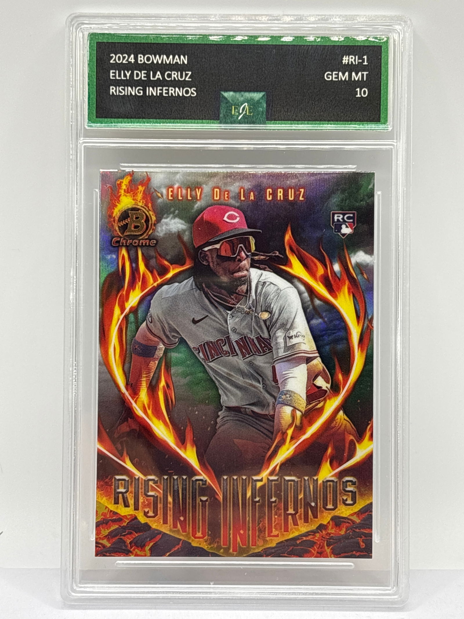 2024 BOWMAN CHROME ELLY DE LA CRUZ RISING INFERNOS INSERT ROOKIE CARD GRADED EJE GEM MINT 10 (1 of 4)