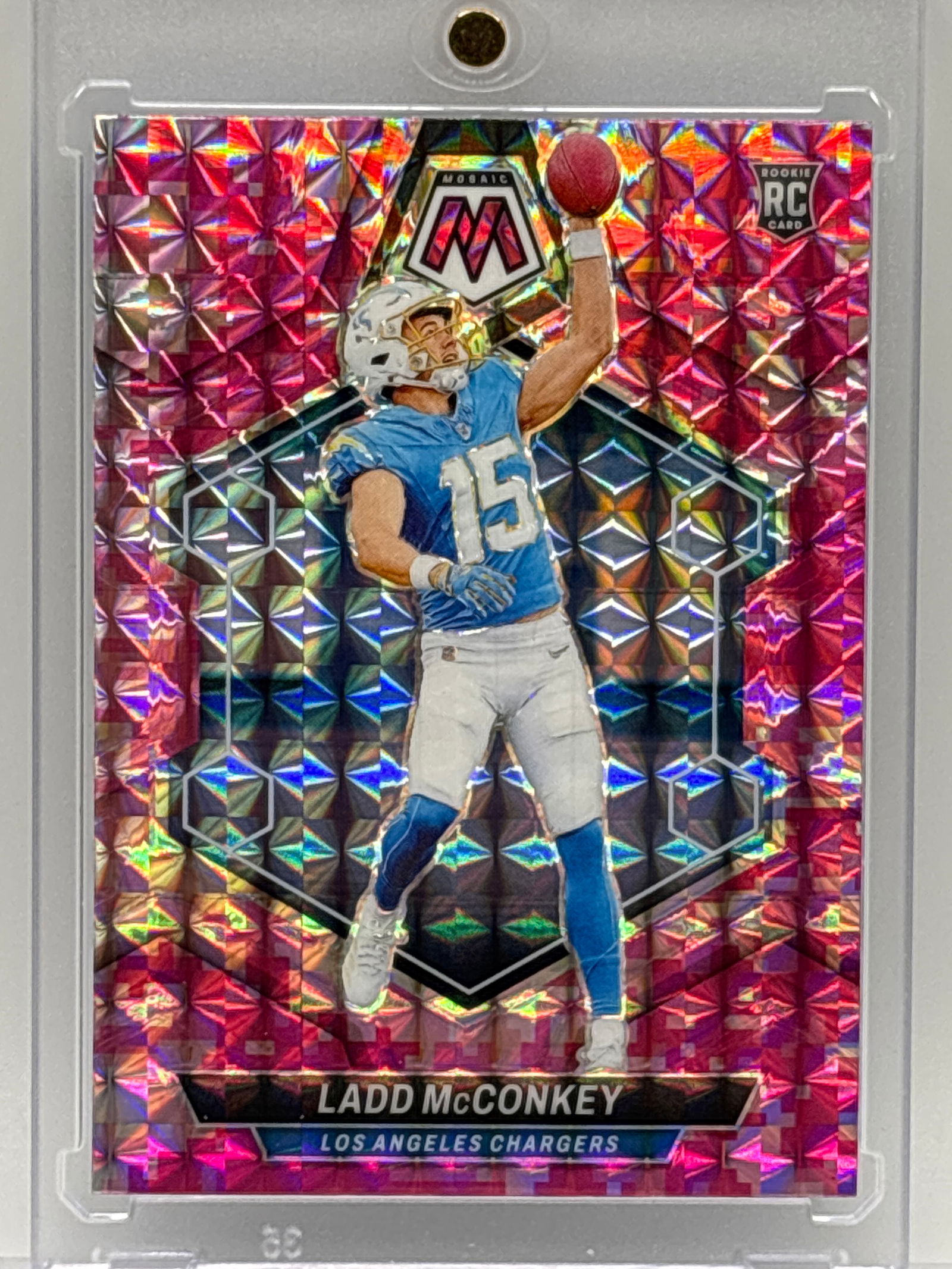 2024 PANINI MOSAIC LADD MCCONKEY PINK CAMO PRIZM HOLO ROOKIE CARD: 2024 PANINI MOSAIC LADD MCCONKEY PINK CAMO PRIZM HOLO ROOKIE CARD