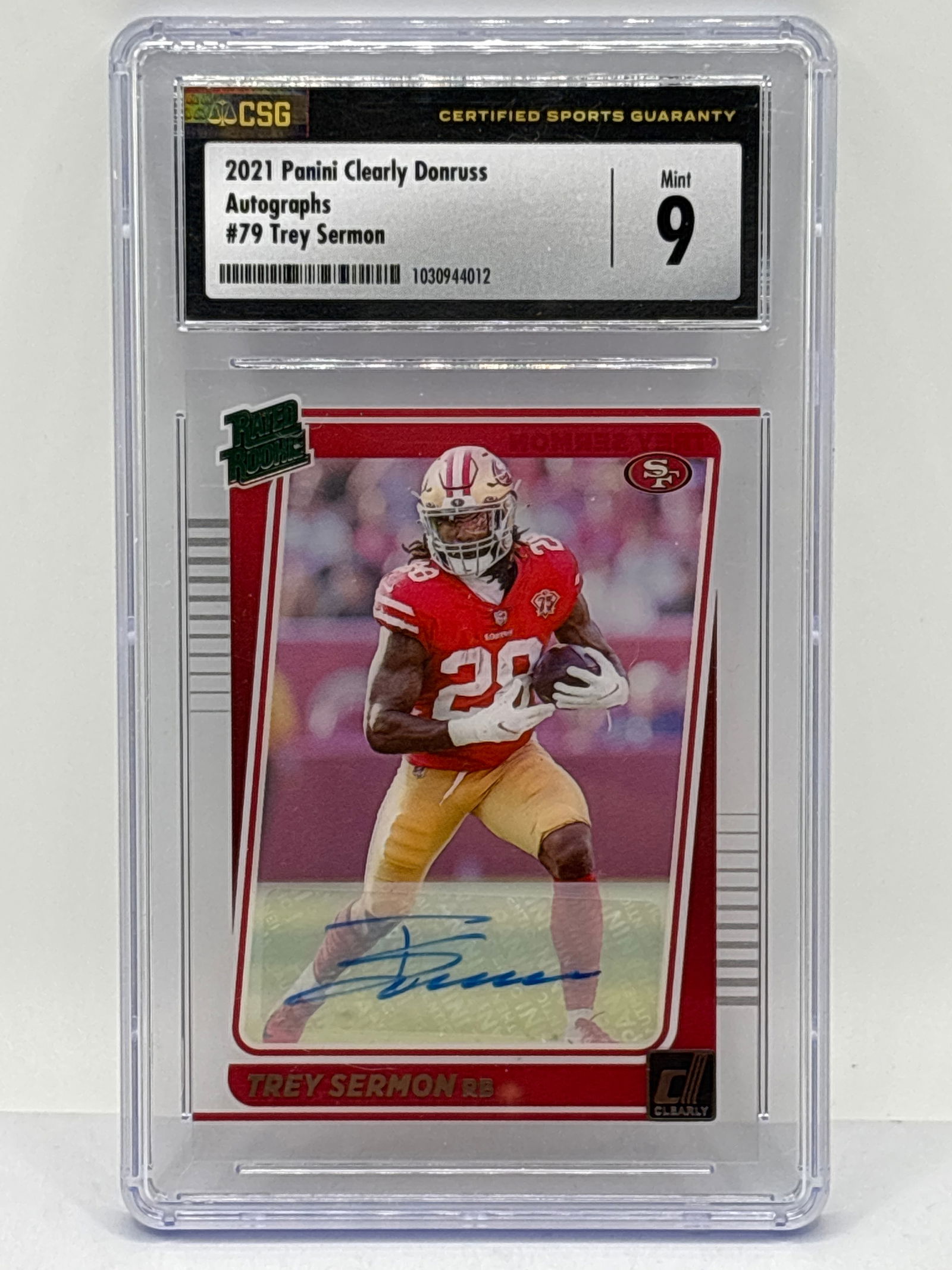 2021 PANINI CLEARLY DONRUSS TREY SERMON AUTOGRAPHED RATED ROOKIE GRADED CSG MINT 9 (1 of 4)