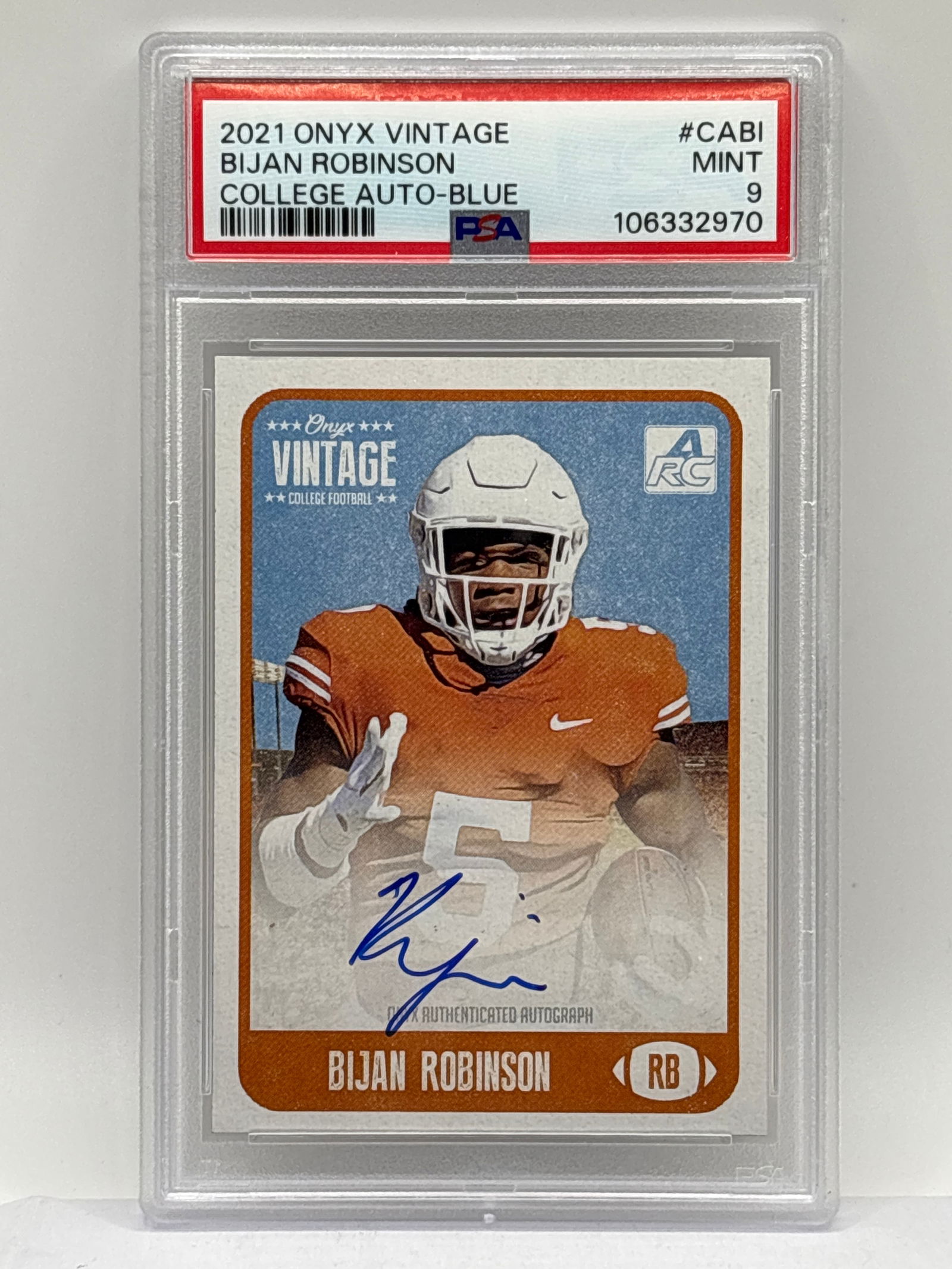 2021 ONYX AUTHENTICATED VINTAGE BIJAN ROBINSON COLLEGE AUTOGRAPHED-BLUE ROOKIE CARD PSA MINT 9 (1 of 5)
